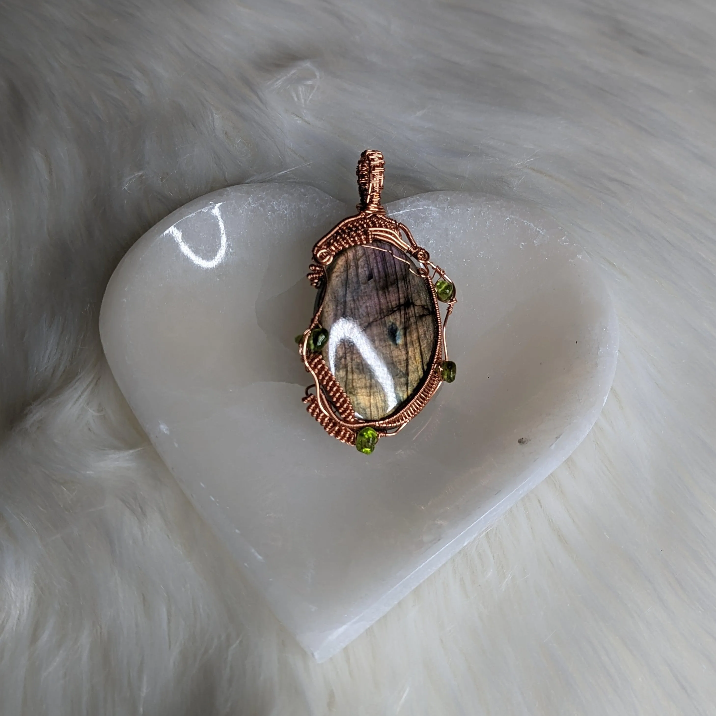 Exquisite Copper Wire Wrapped Large FLASHY Labradorite Pendant with Peridot accents