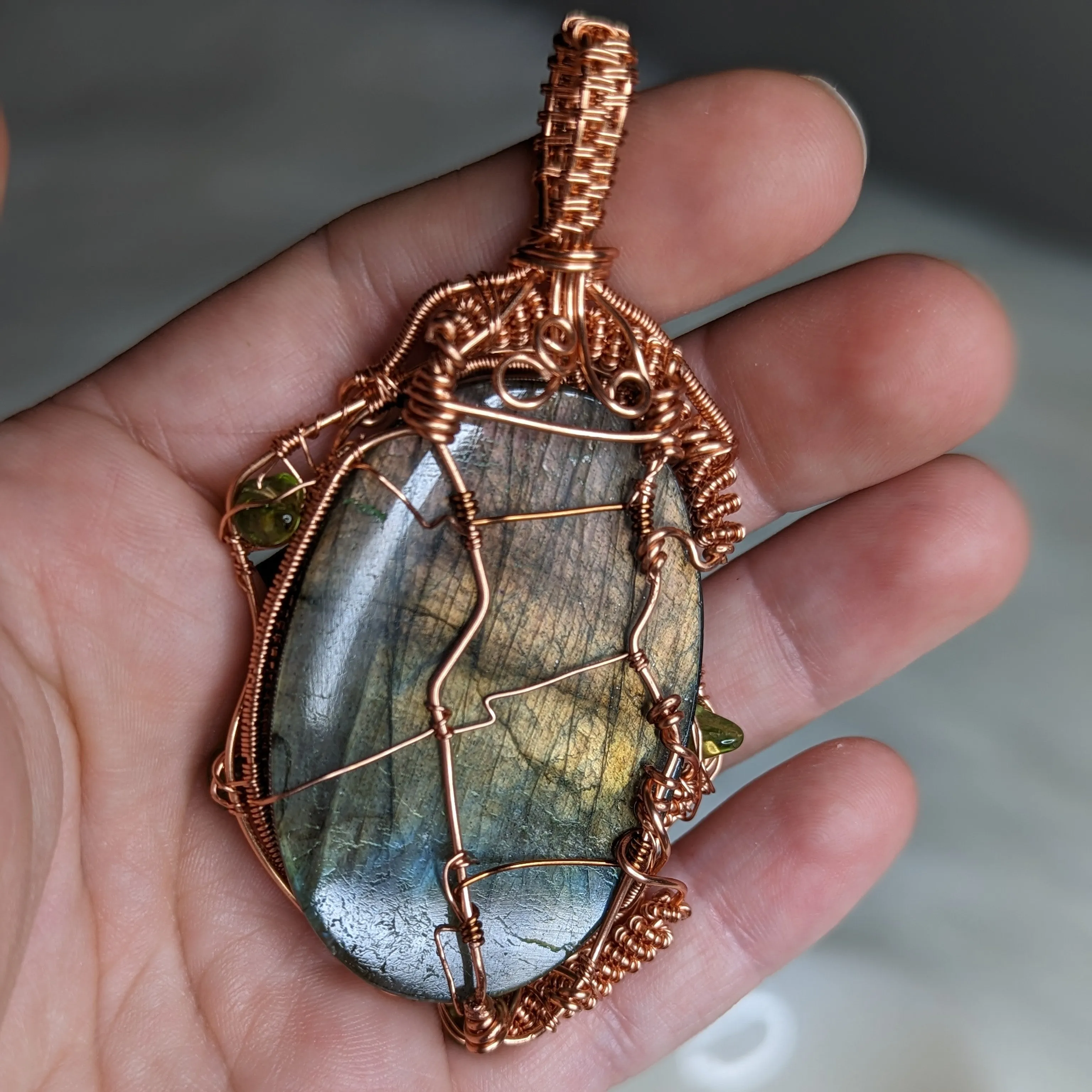 Exquisite Copper Wire Wrapped Large FLASHY Labradorite Pendant with Peridot accents