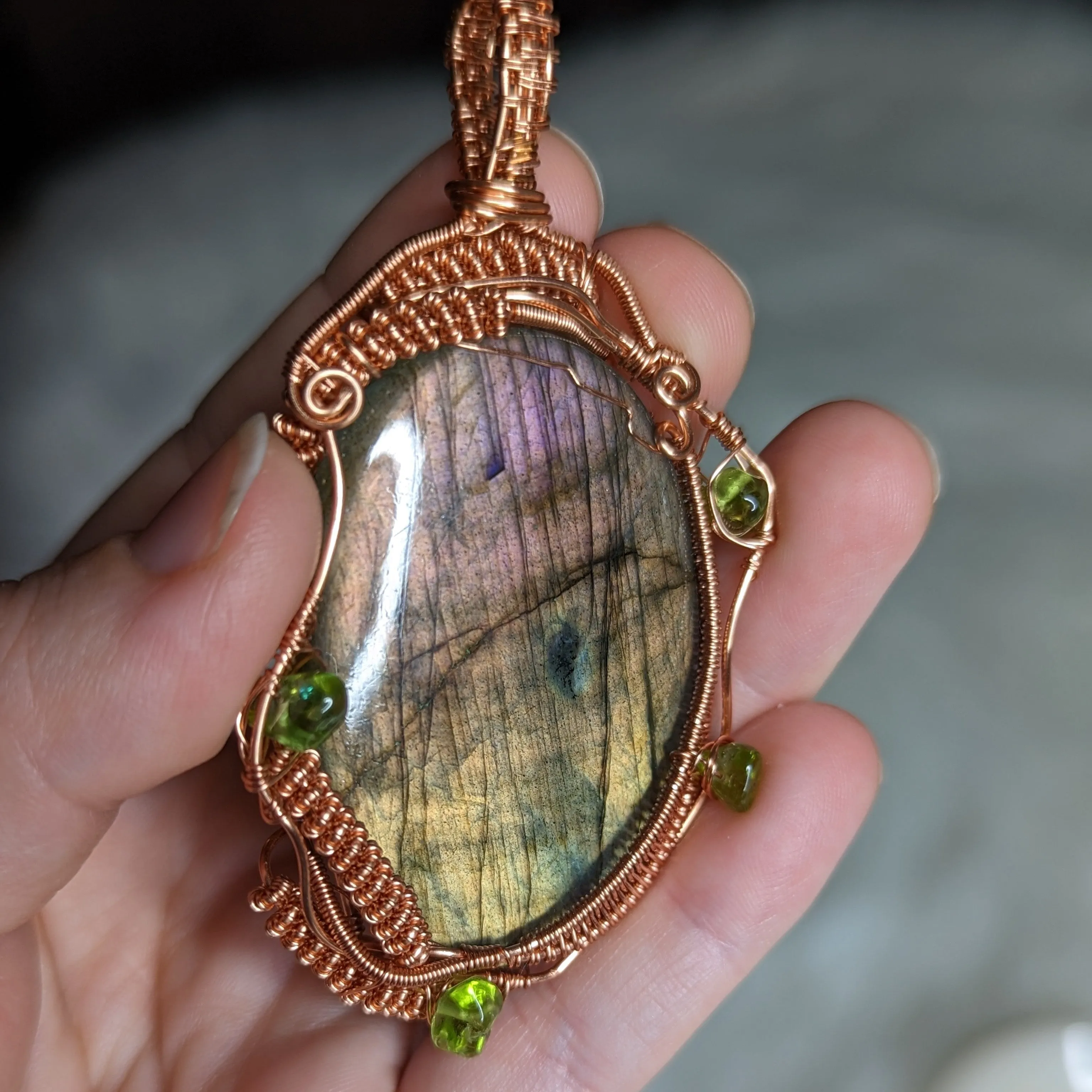 Exquisite Copper Wire Wrapped Large FLASHY Labradorite Pendant with Peridot accents