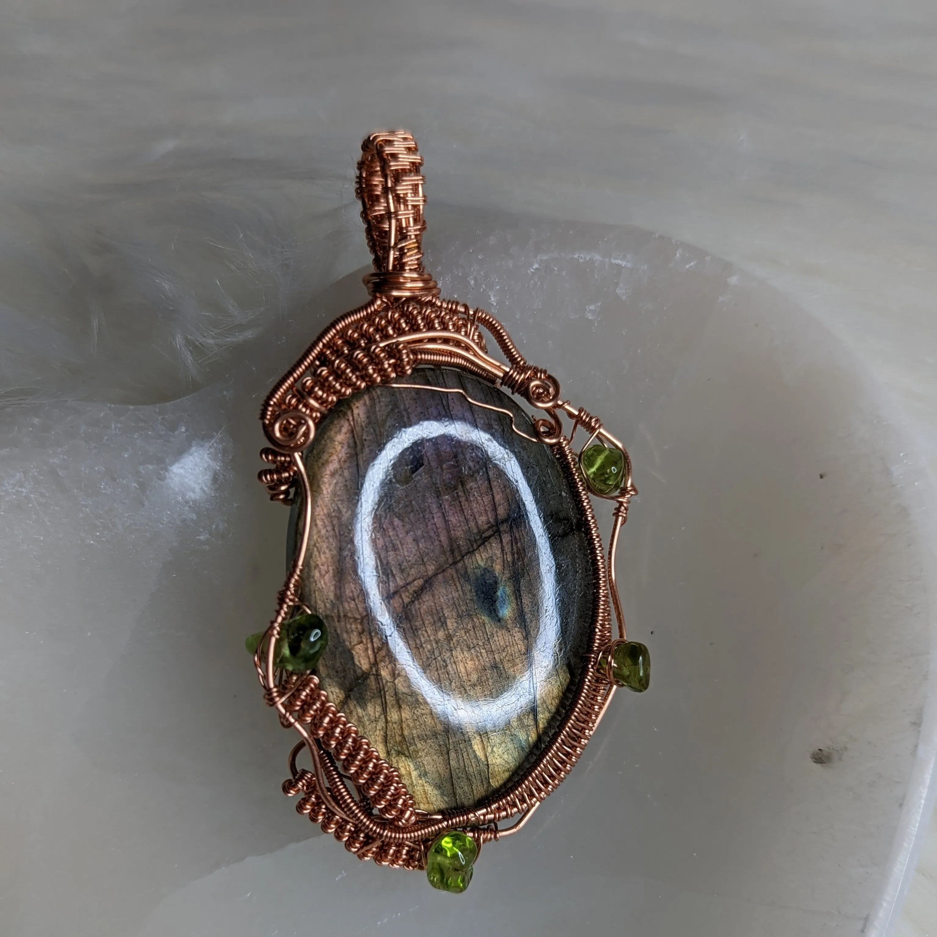 Exquisite Copper Wire Wrapped Large FLASHY Labradorite Pendant with Peridot accents