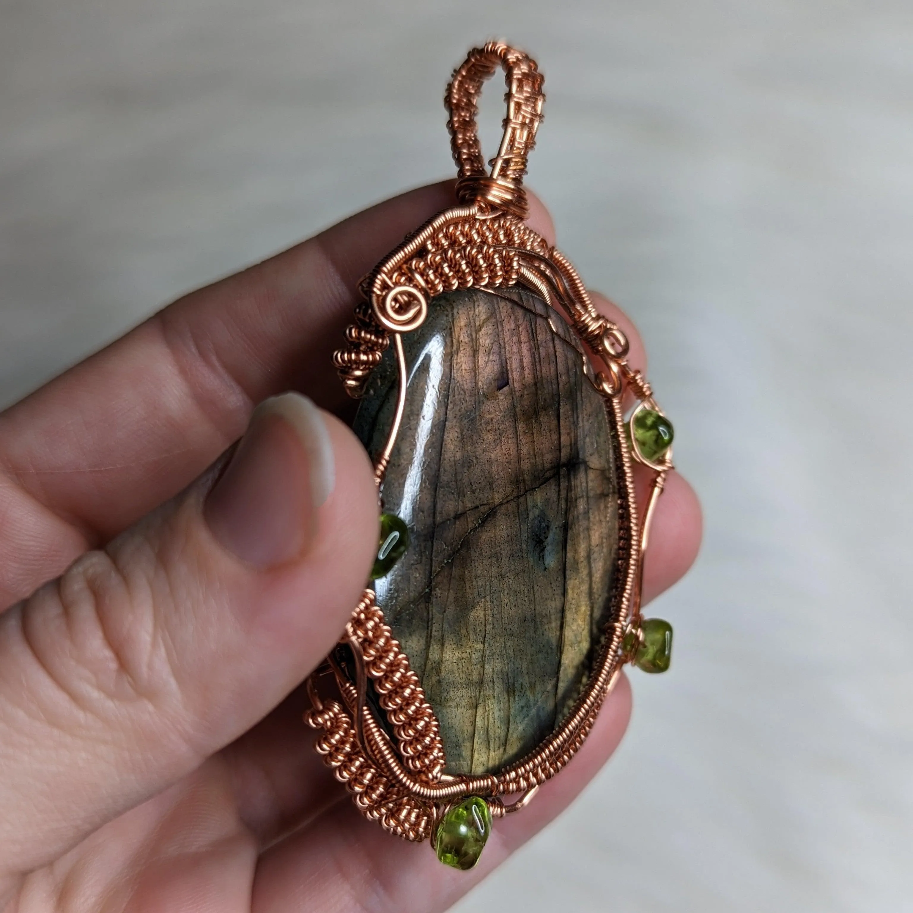 Exquisite Copper Wire Wrapped Large FLASHY Labradorite Pendant with Peridot accents