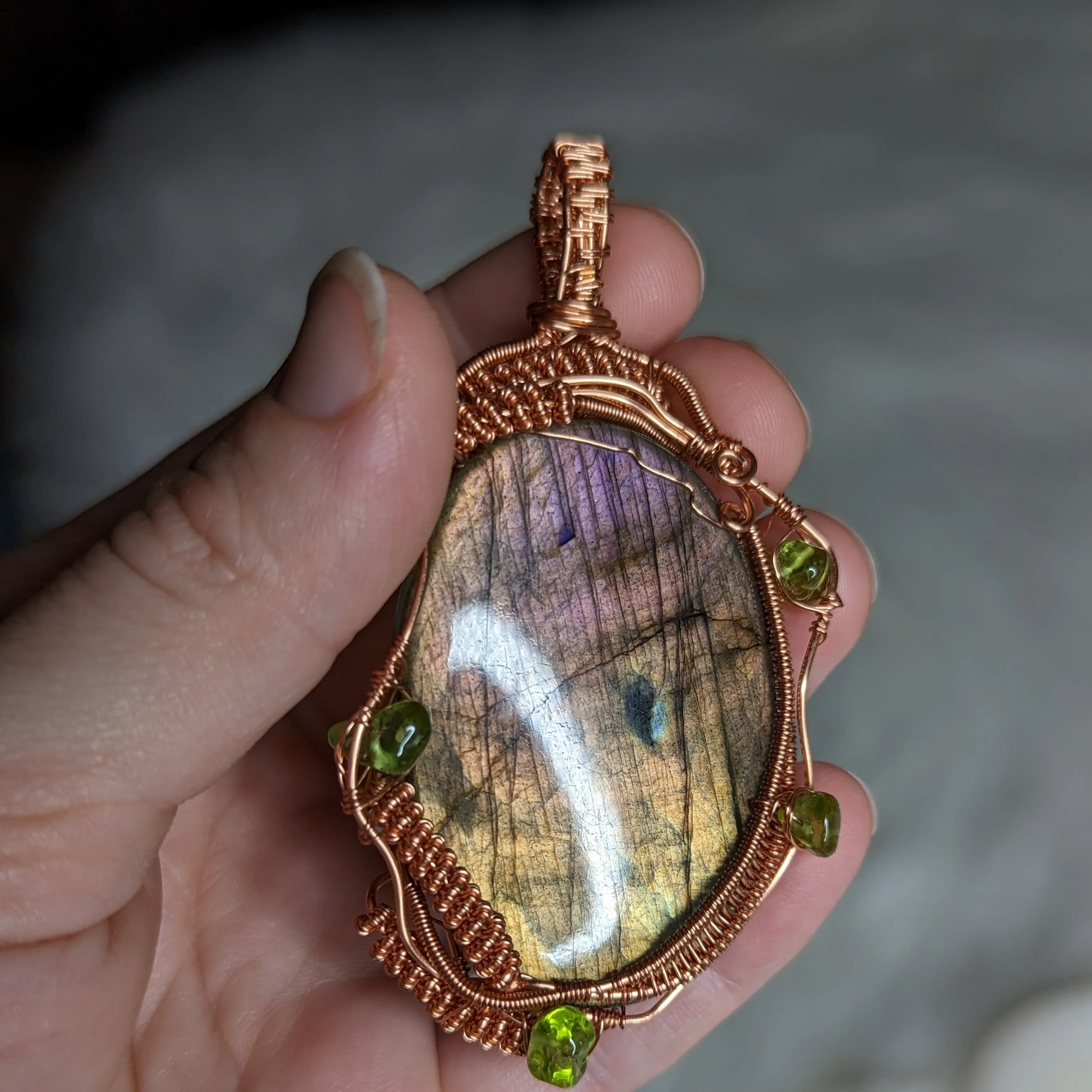 Exquisite Copper Wire Wrapped Large FLASHY Labradorite Pendant with Peridot accents