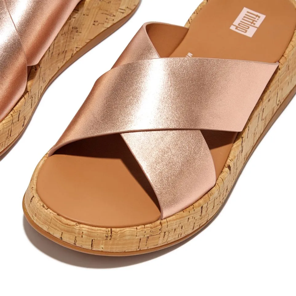 Fit Flop F-Mode Metallic Cork Flatform Slides Rose Gold    