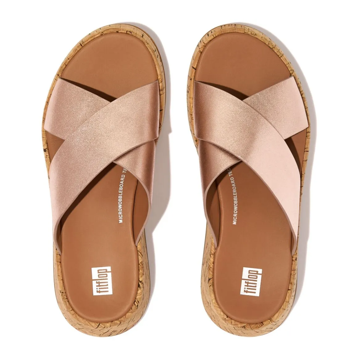 Fit Flop F-Mode Metallic Cork Flatform Slides Rose Gold    