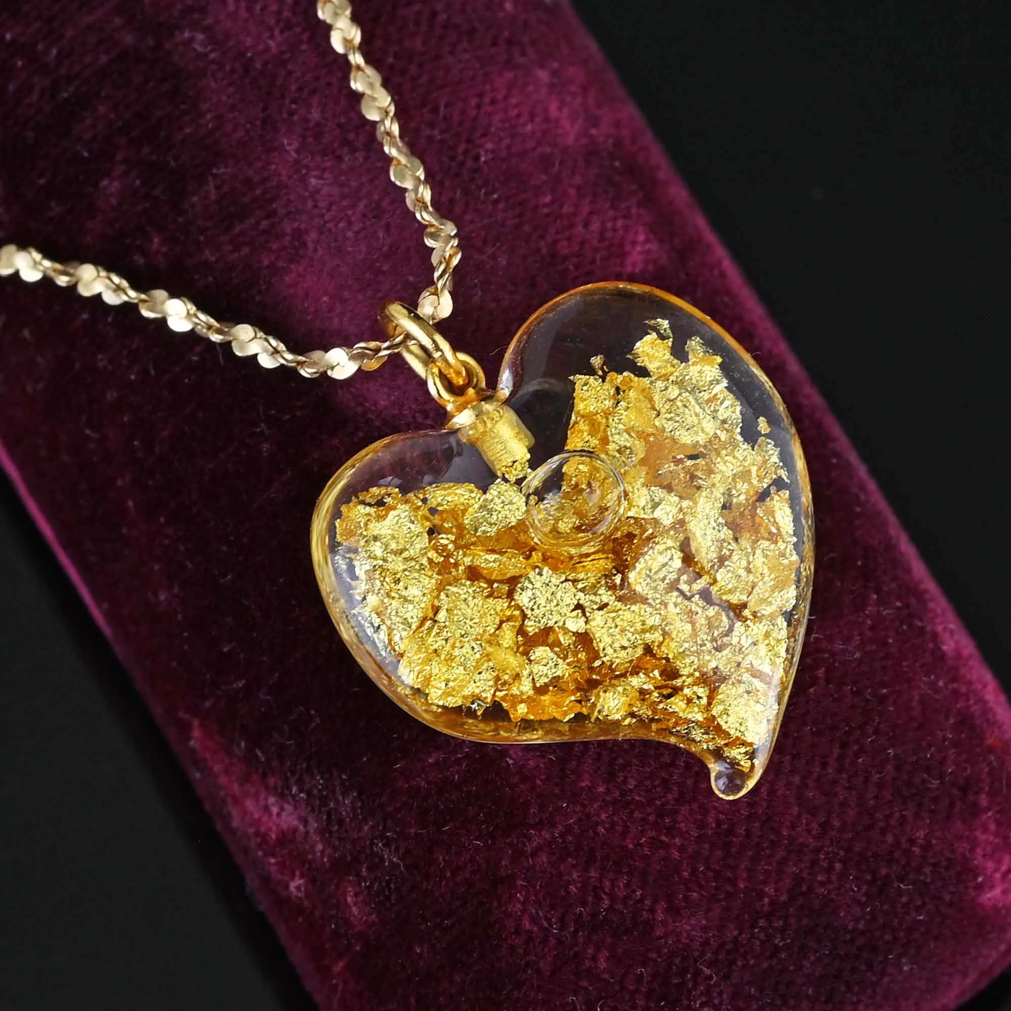 Floating Gold Flakes Witches Heart Pendant in 14K Gold