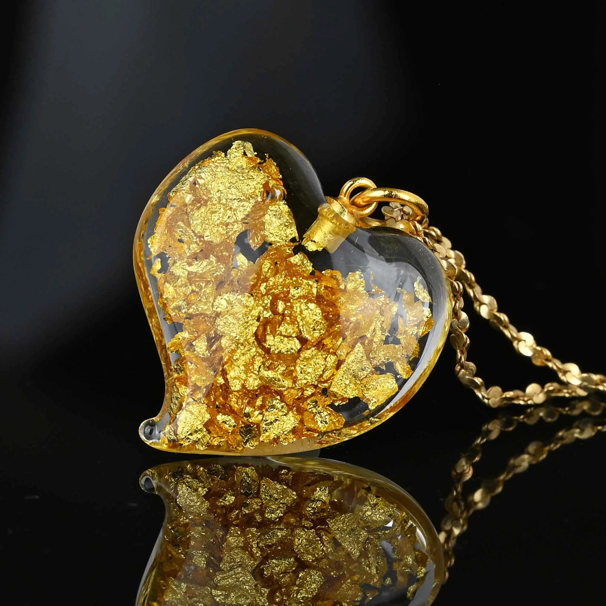 Floating Gold Flakes Witches Heart Pendant in 14K Gold