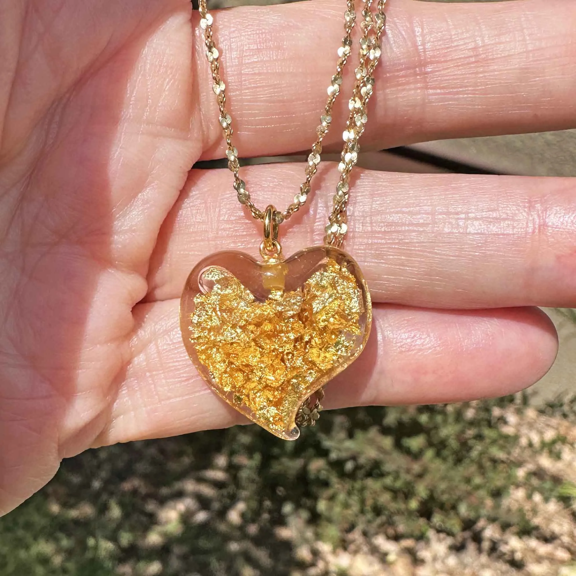 Floating Gold Flakes Witches Heart Pendant in 14K Gold