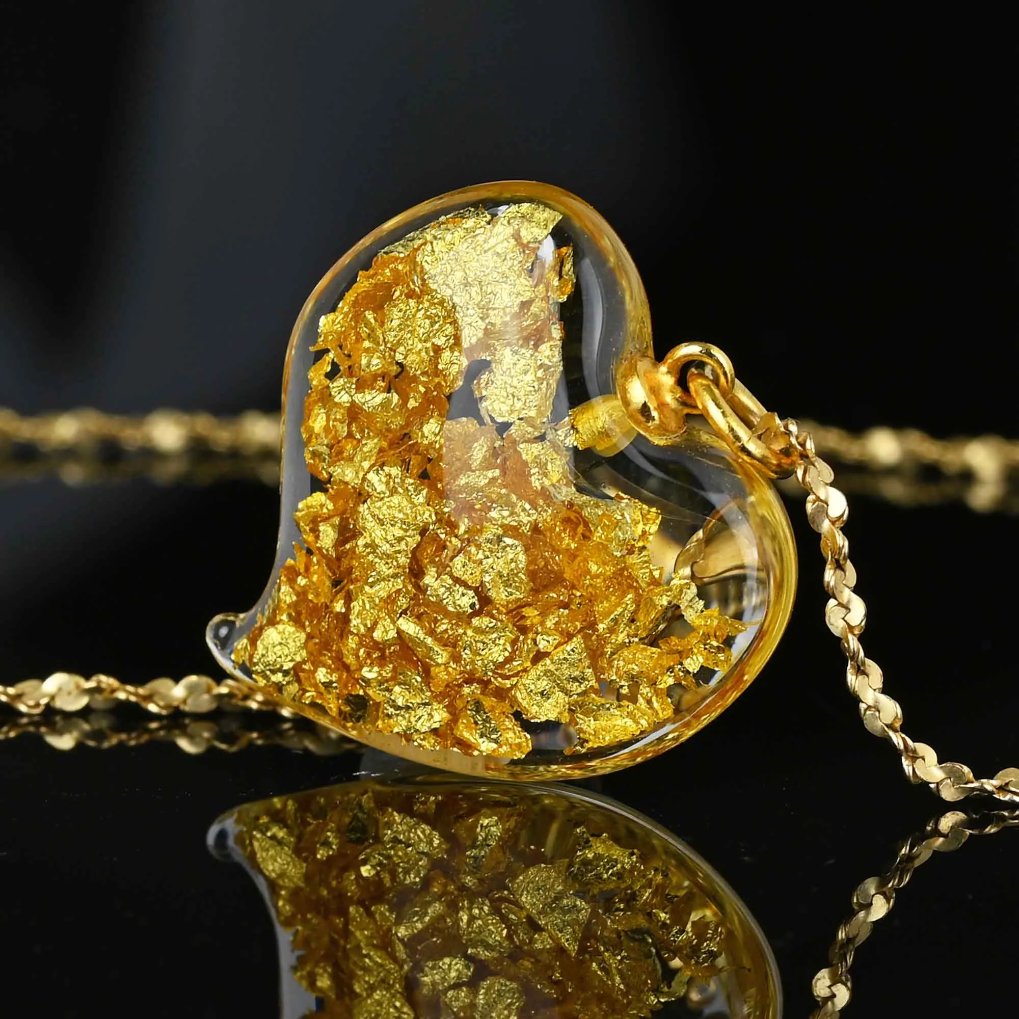 Floating Gold Flakes Witches Heart Pendant in 14K Gold