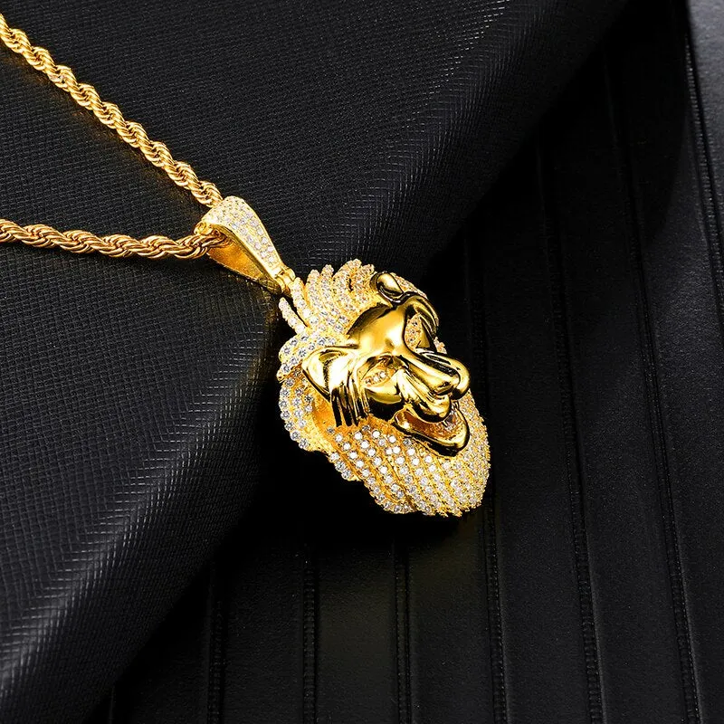 Gemstone-Studded Gold-Plated Lion Bling Rope Chain Hip-hop Pendant Necklace