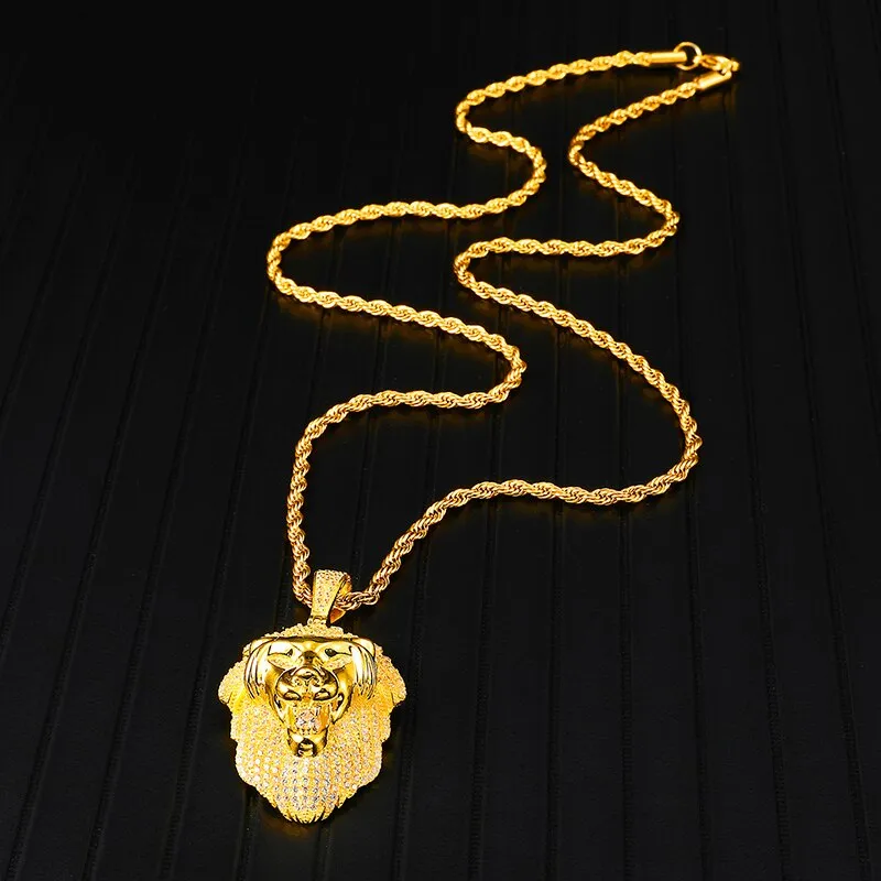 Gemstone-Studded Gold-Plated Lion Bling Rope Chain Hip-hop Pendant Necklace