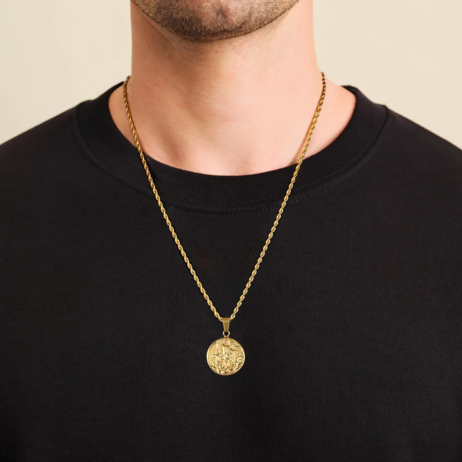 Gold Angle Coin Pendant Necklace with Rope Chain for Men