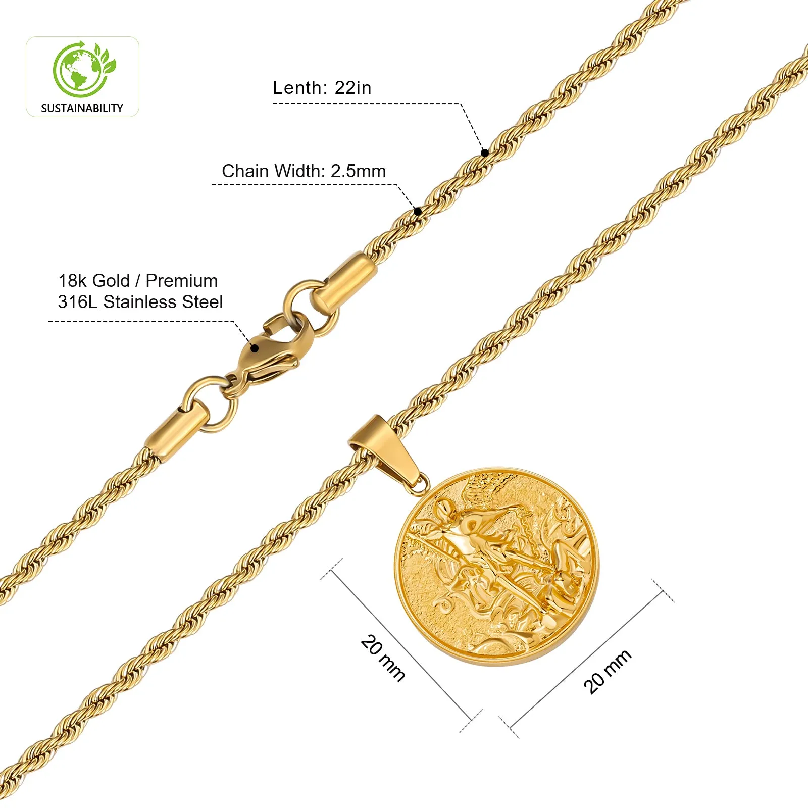 Gold Angle Coin Pendant Necklace with Rope Chain for Men