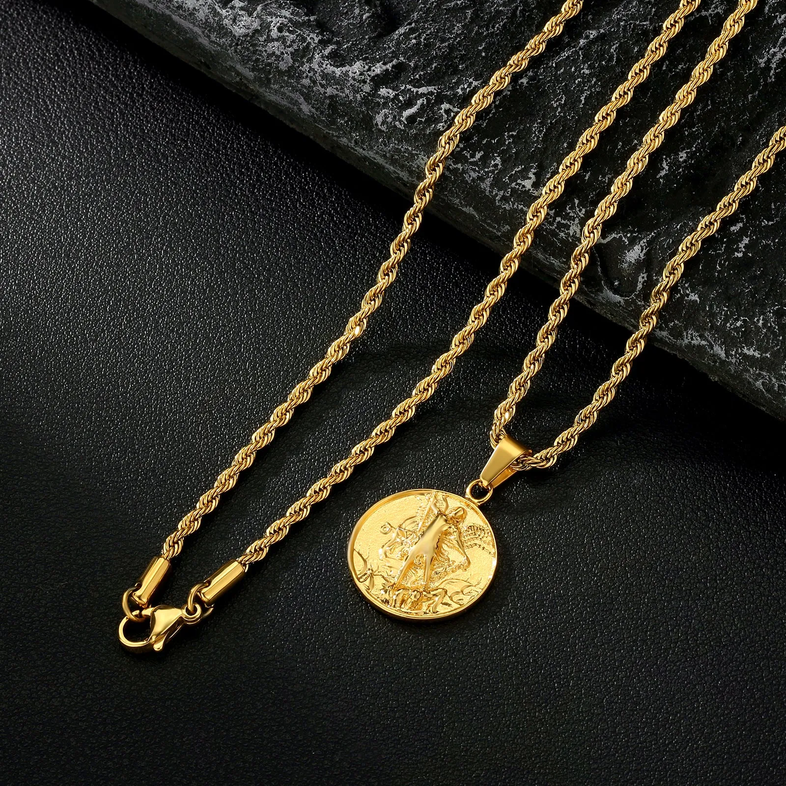 Gold Angle Coin Pendant Necklace with Rope Chain for Men