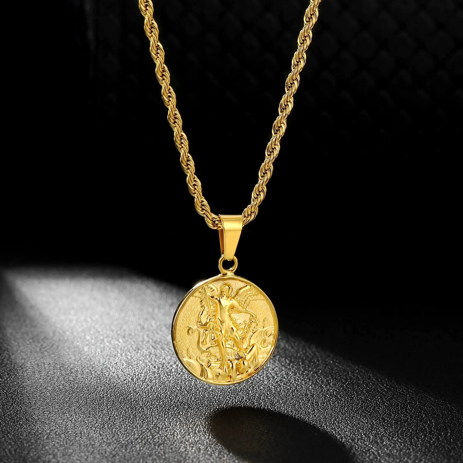 Gold Angle Coin Pendant Necklace with Rope Chain for Men