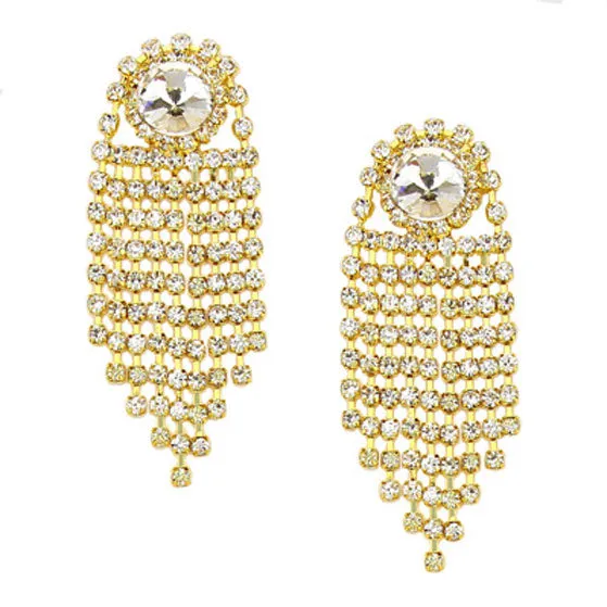 Gold Clear Rhinestone Fringe Evening Earrings