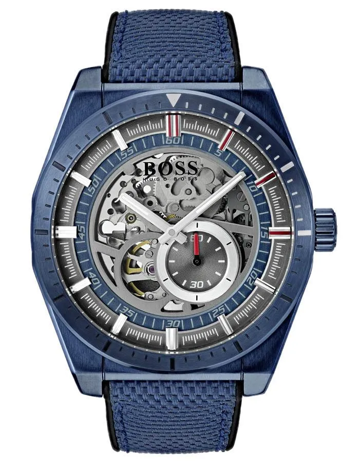 Hugo Boss Mens Signature Skeleton Dial Watch - Blue Stainless - Leather Strap