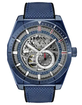 Hugo Boss Mens Signature Skeleton Dial Watch - Blue Stainless - Leather Strap