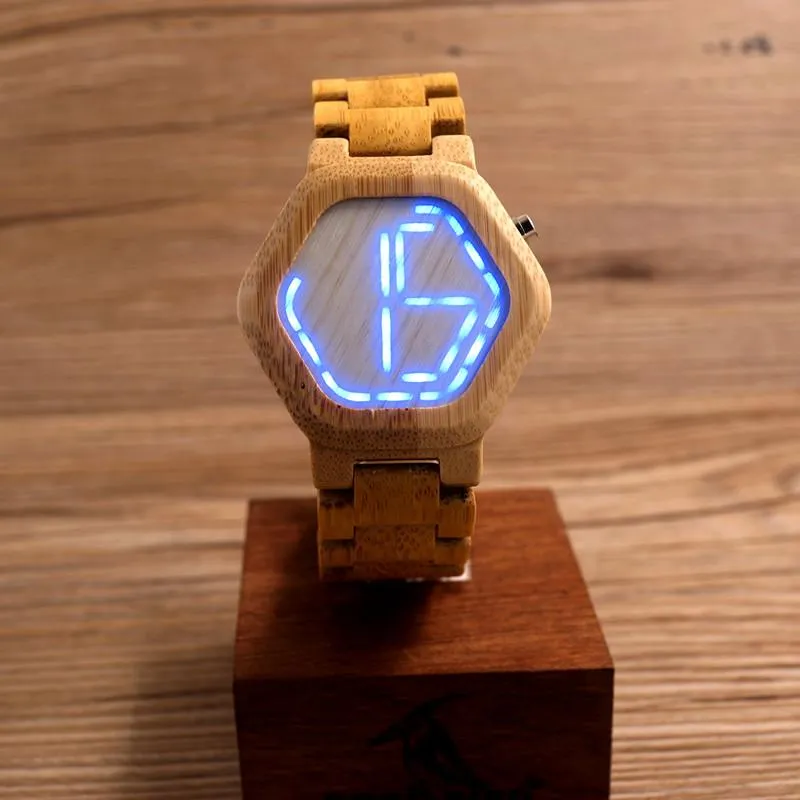 LED Display Natural Bamboo Wooden Wristwatch