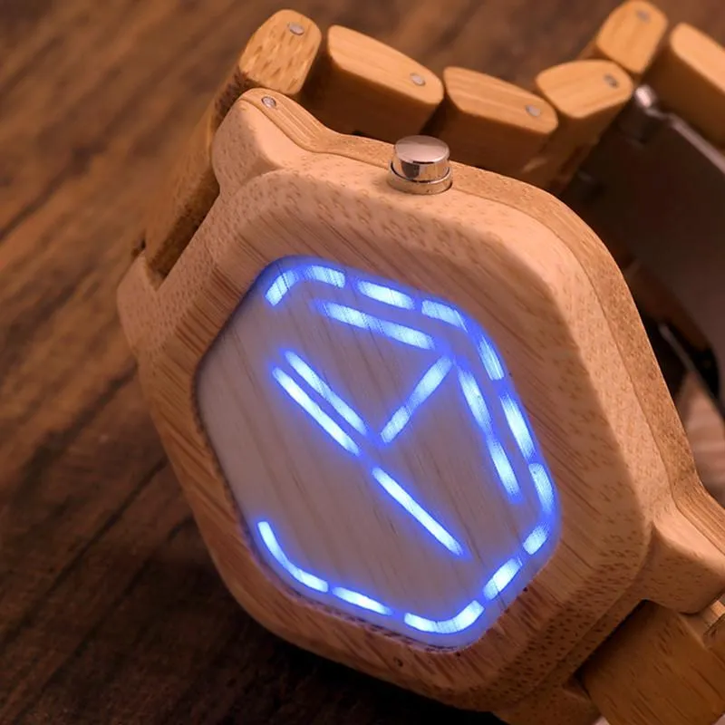 LED Display Natural Bamboo Wooden Wristwatch