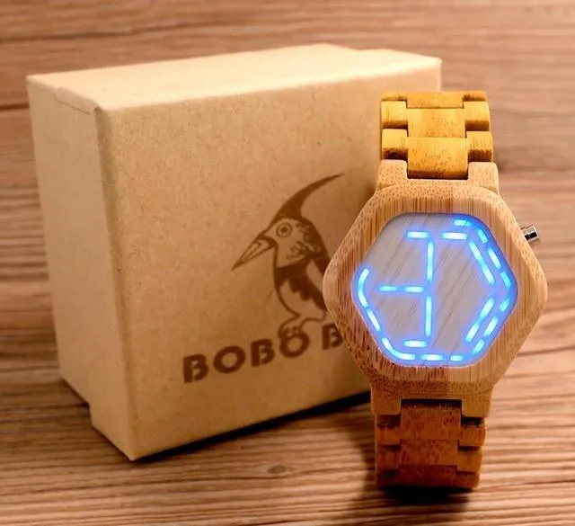 LED Display Natural Bamboo Wooden Wristwatch