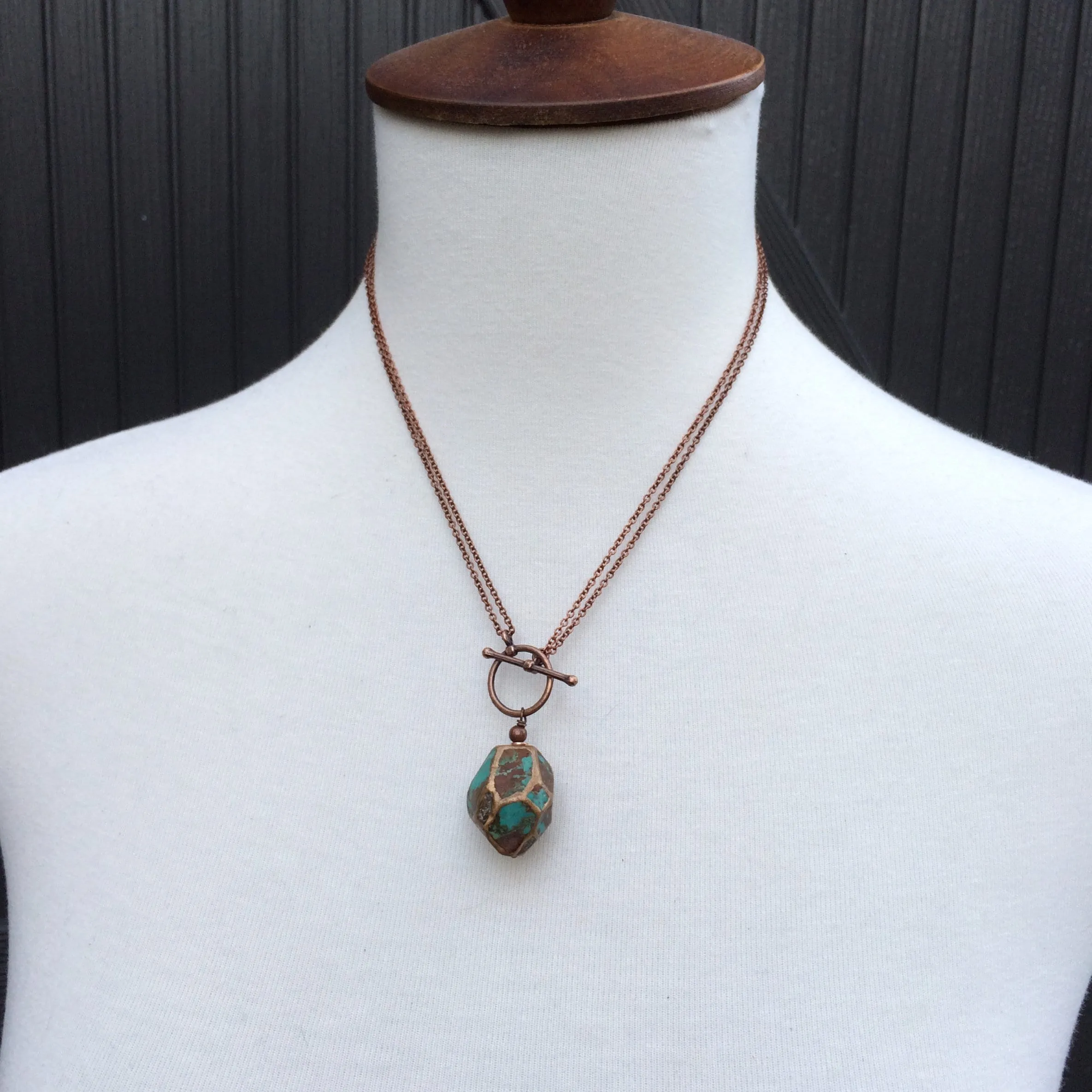 Long Turquoise Toggle Necklace, Adjustable Necklace with Turquoise Pendant, Long Copper Chain Necklace, Geometric Turquoise Pendant