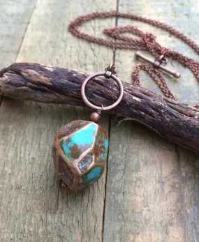 Long Turquoise Toggle Necklace, Adjustable Necklace with Turquoise Pendant, Long Copper Chain Necklace, Geometric Turquoise Pendant