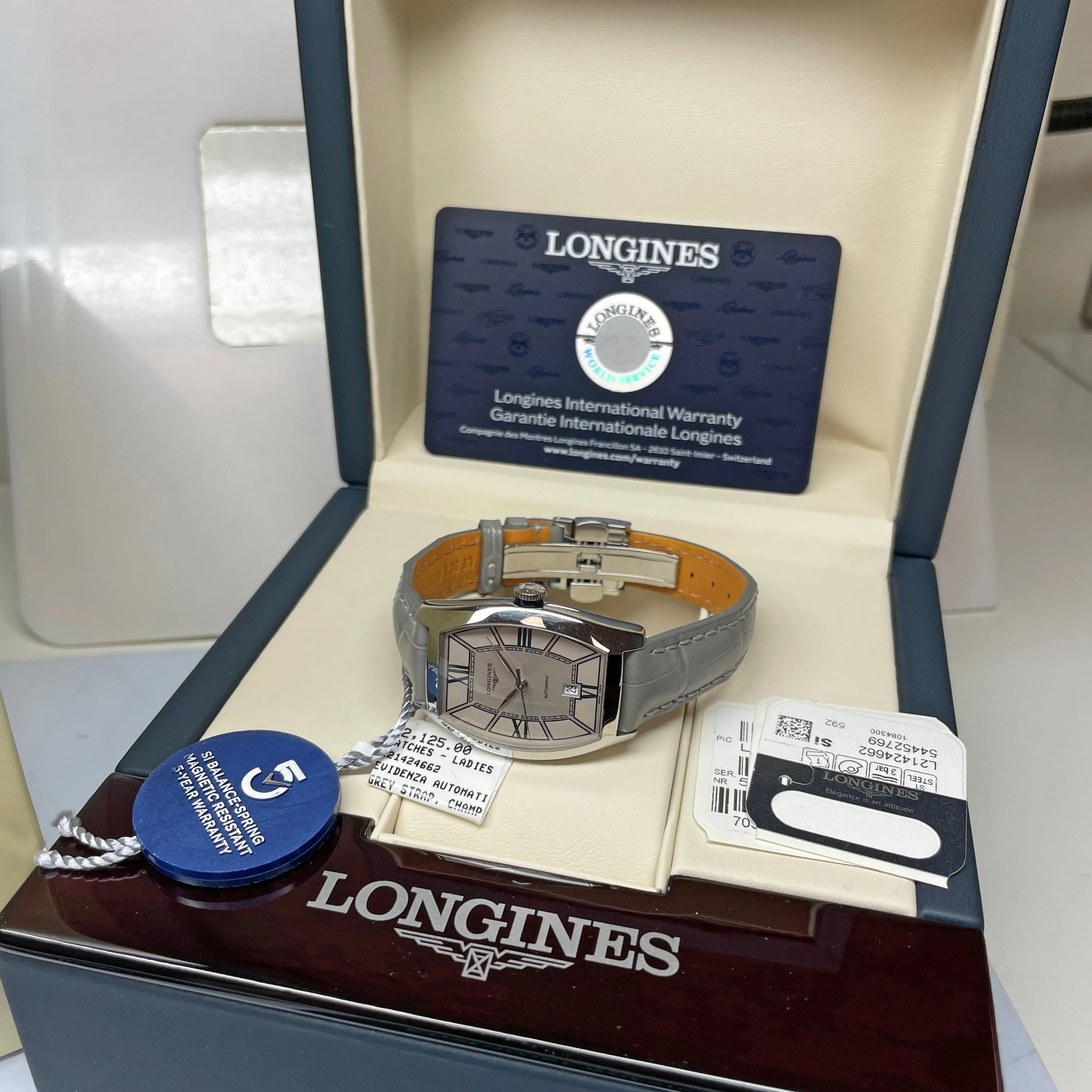 Longines Evidenza 26x30.60MM Automatic Champagne Colored Dial Grey Leather Strap Watch L21424662