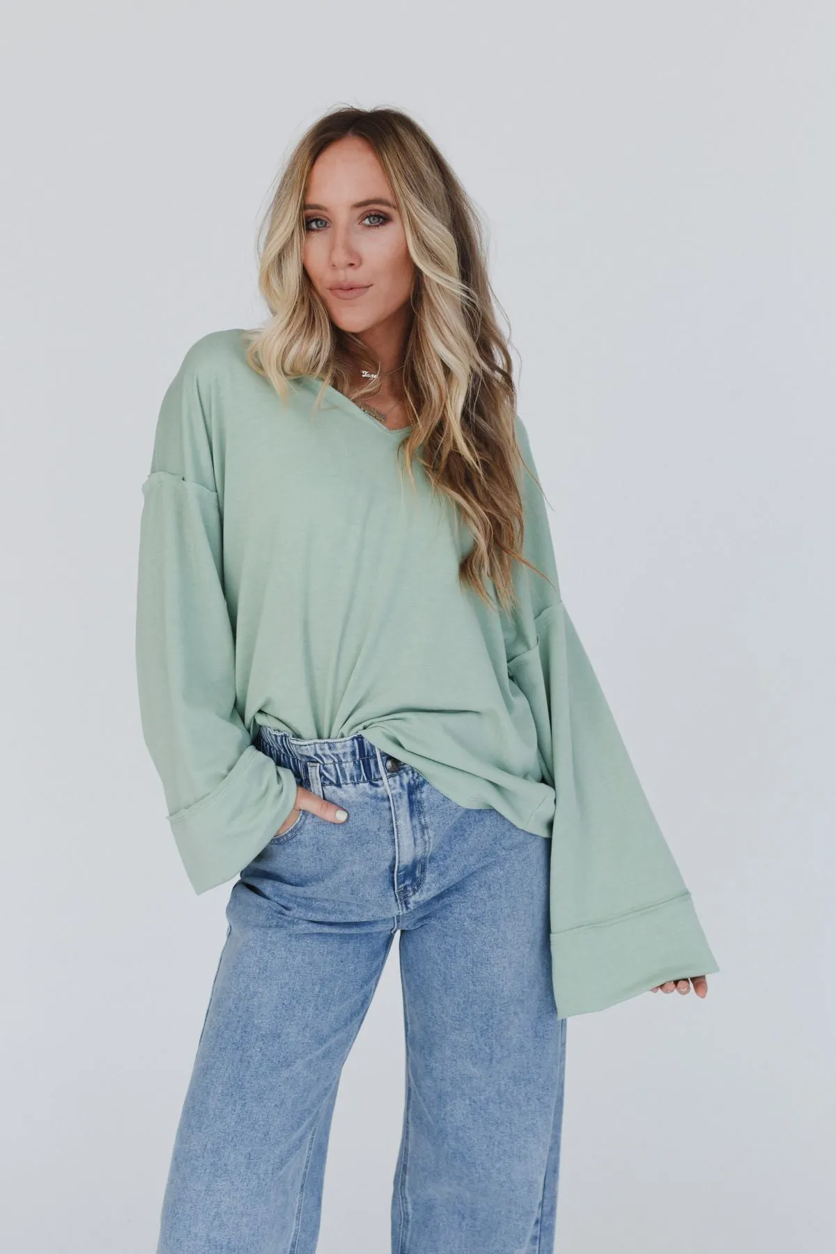 Love It V Neckline Sweater Top - Light Sage