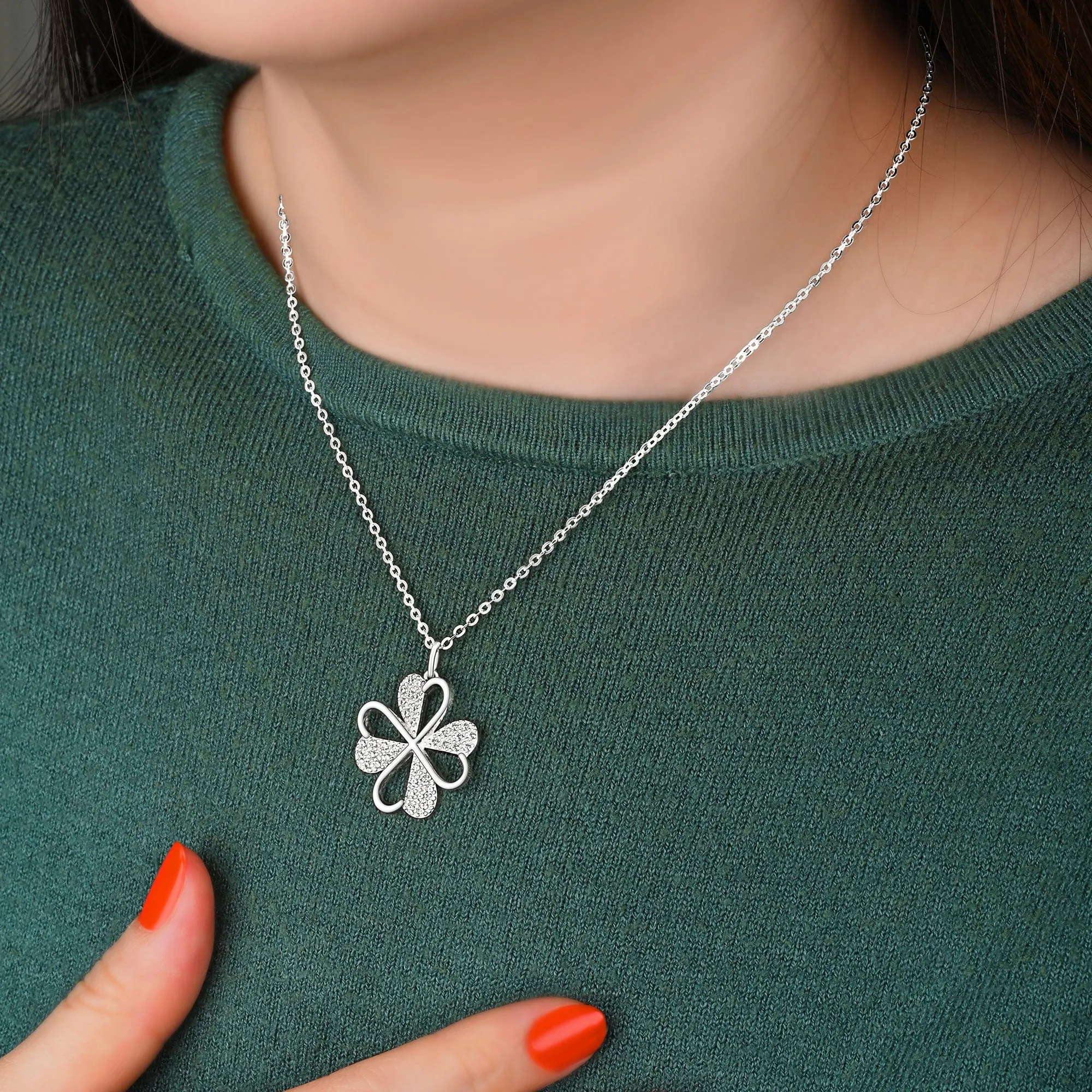 Lucky Infinity Heart Four Leaf Clover Pendant Silver