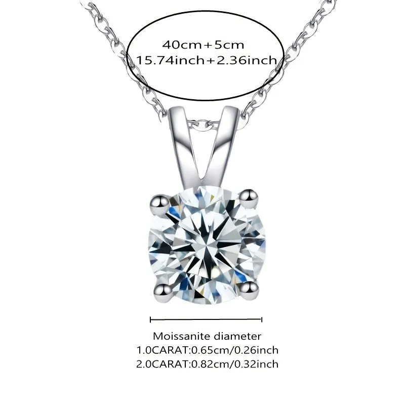 Luxury Moissanite Pendant Necklace - 925 Sterling Silver, 1-2CT, Classic 4 Claw Design, Perfect for Weddings and Engagements, Ideal Gift for Women and Girls