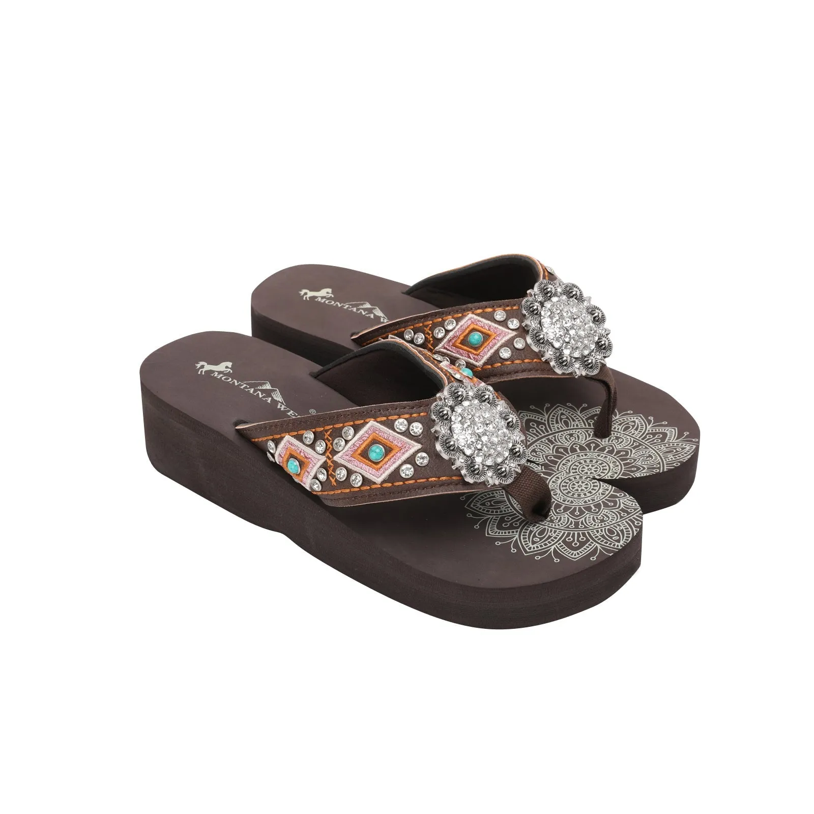 Mandala Silver Floral Rhinestones Concho Embroidered Wedge Flip-Flop