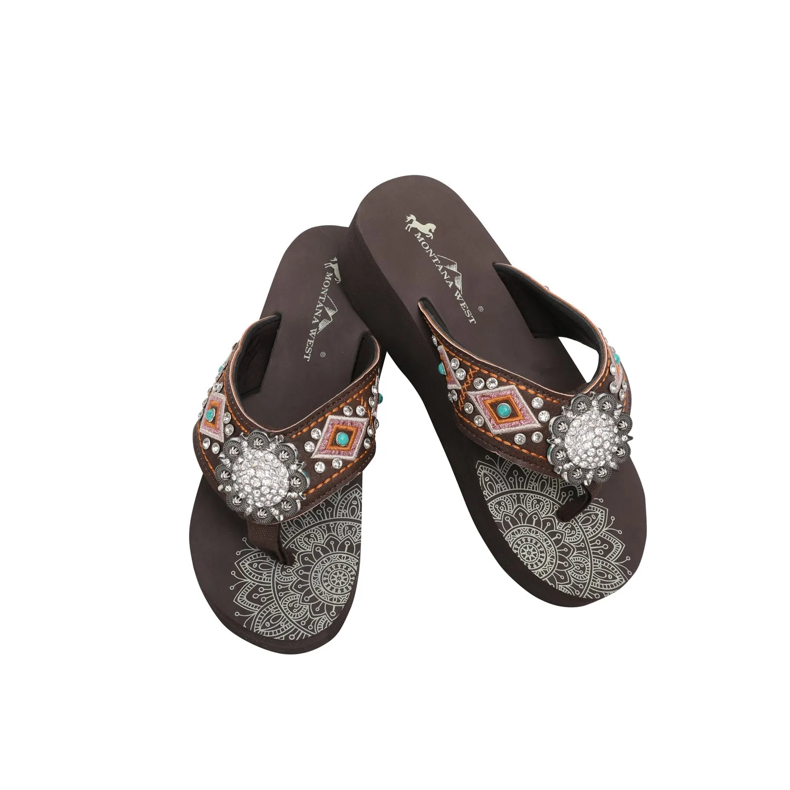 Mandala Silver Floral Rhinestones Concho Embroidered Wedge Flip-Flop