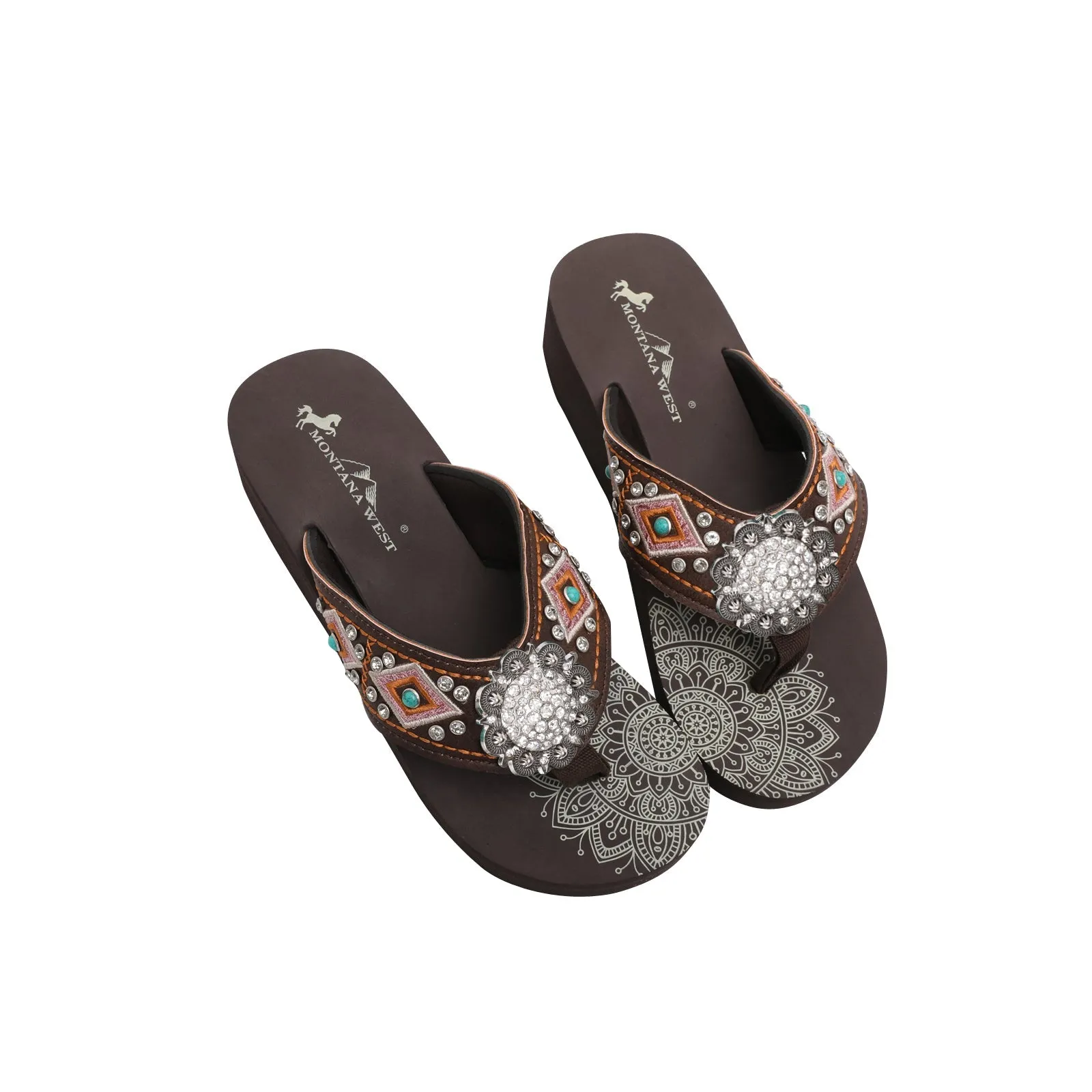 Mandala Silver Floral Rhinestones Concho Embroidered Wedge Flip-Flop