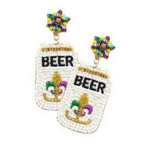 Mardi Gras Felt Back Stone Beaded Beer Dangle Earrings