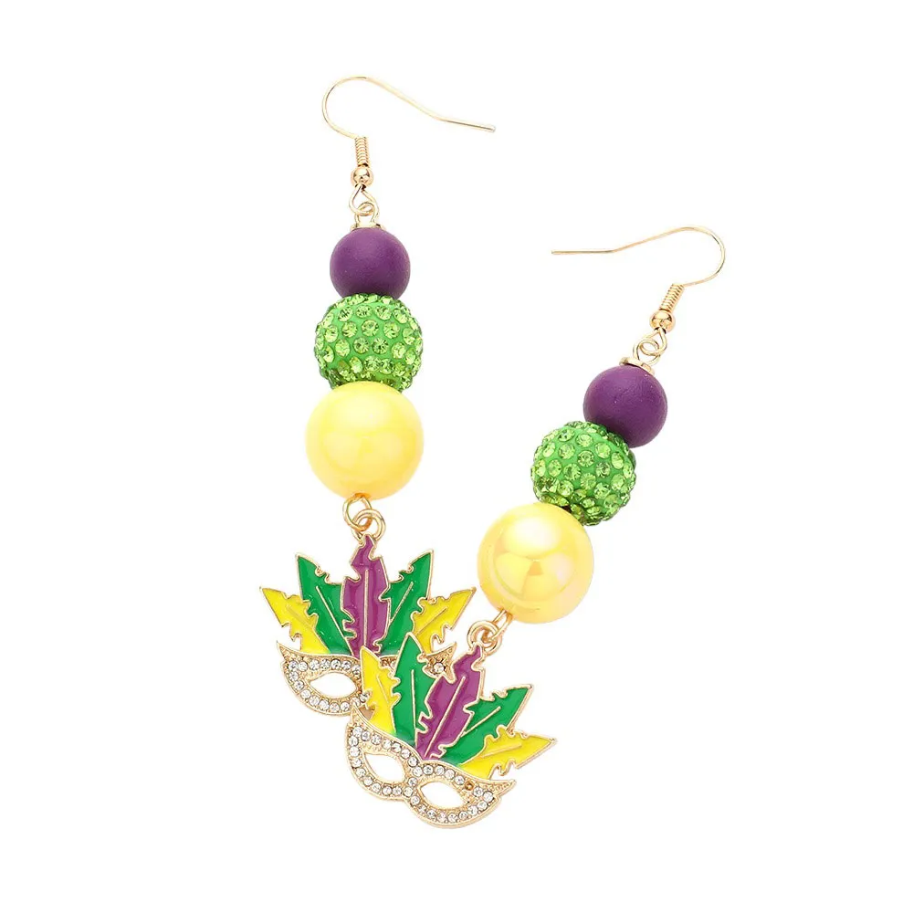 Mardi Gras Triple Bead Mask Link Dangle Earrings