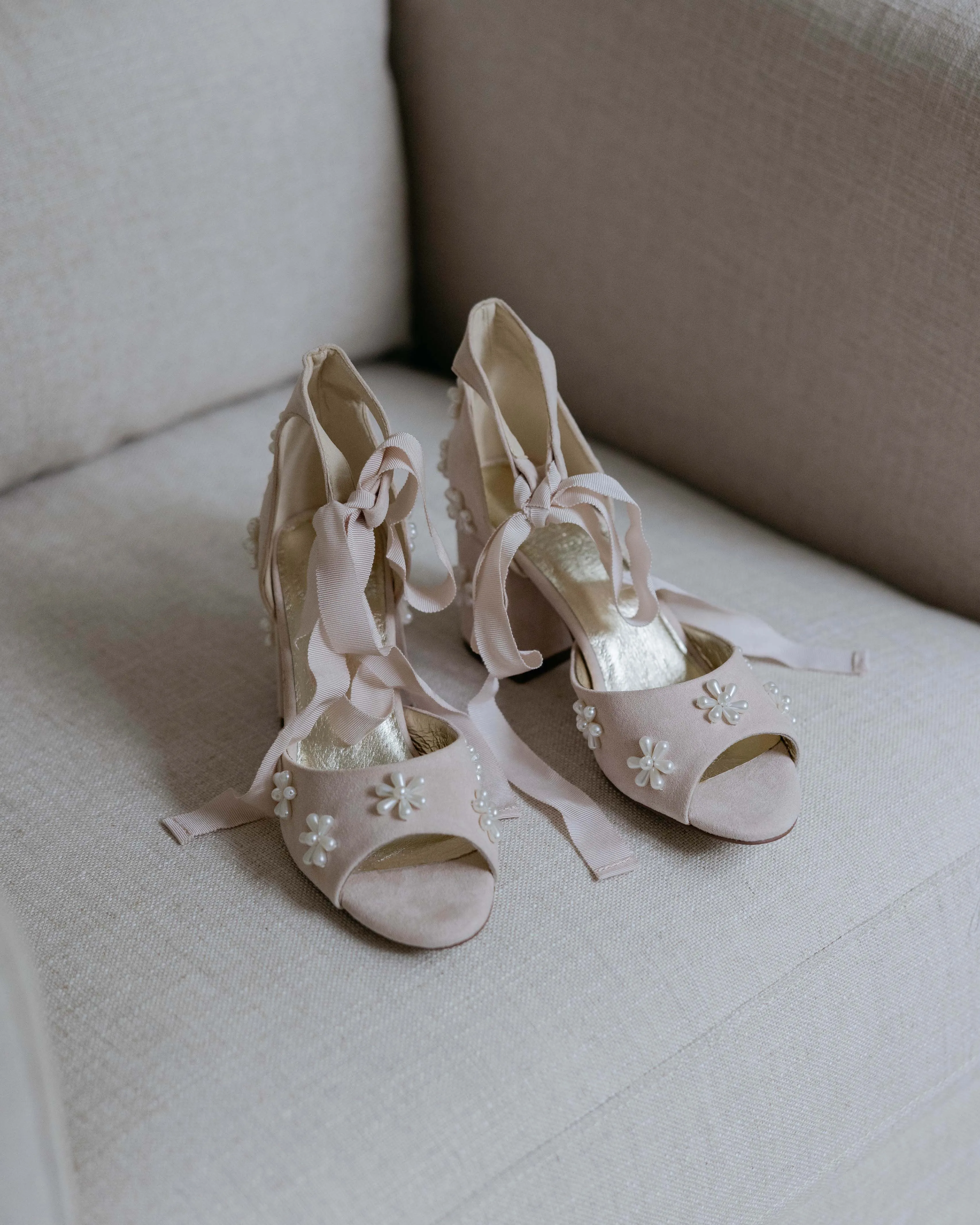 MELODY - PALE PINK FLOWER BRIDAL SHOES LOW BLOCK HEEL