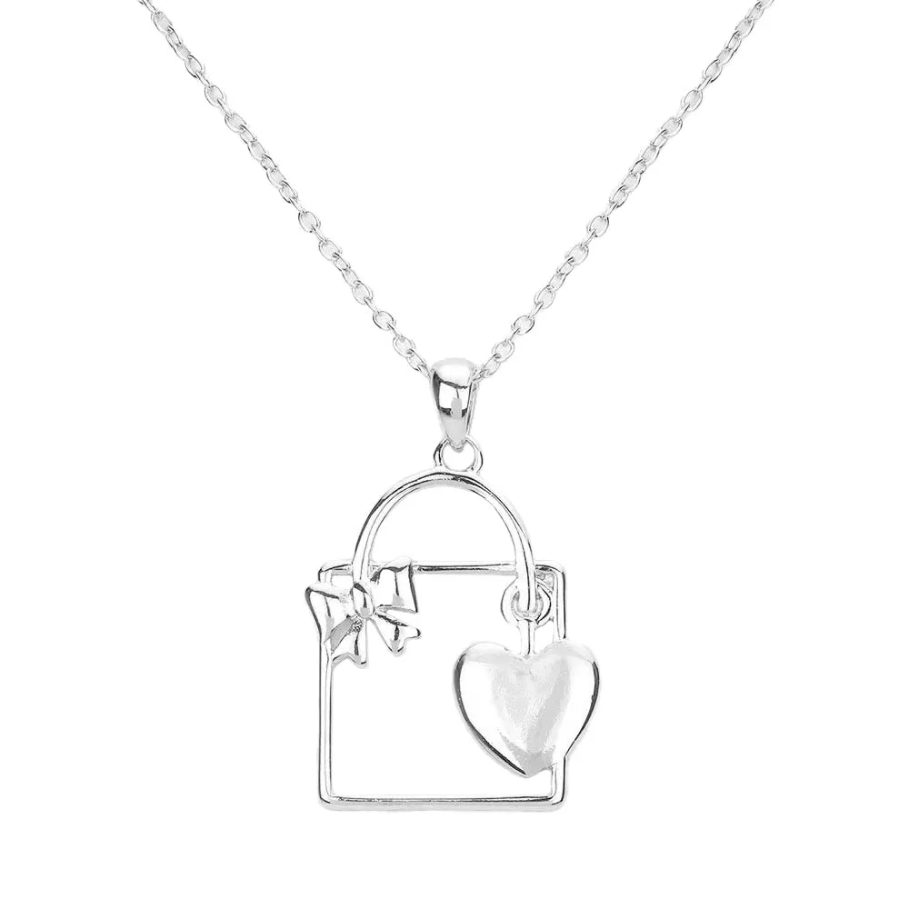 Metal Cut Out Ribbon Heart Lock Pendant Necklace