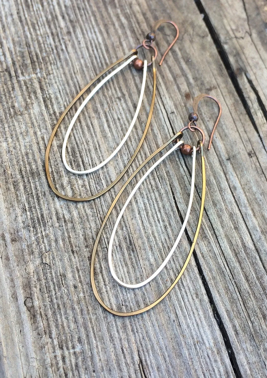 Mixed Metal Earrings, Long Hoop Earrings, Silver Copper Jewelry, Hammered Copper Hoop Earrings, Copper Gift for Women