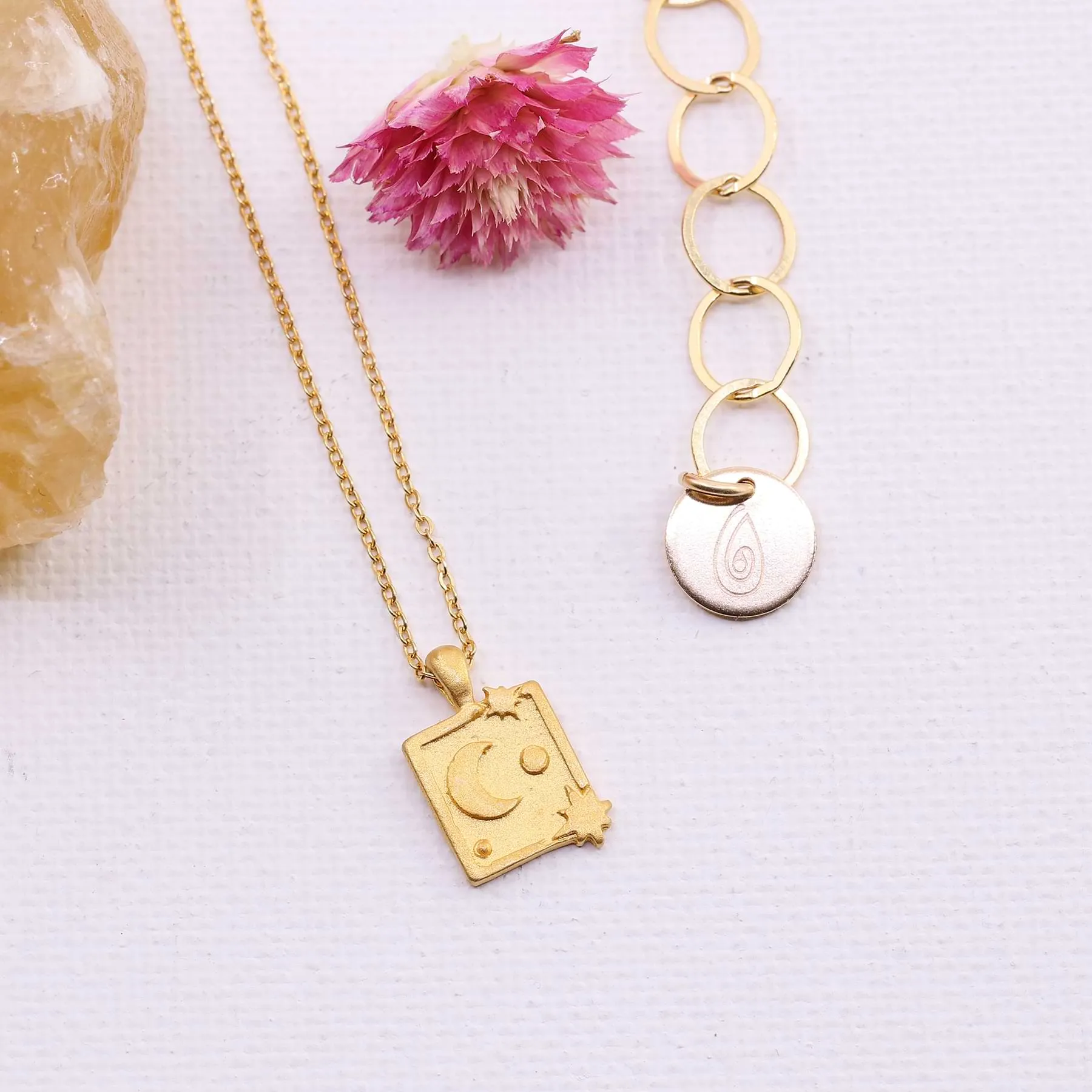 Moon Over Stars - Delicate Gold Pendant Necklace