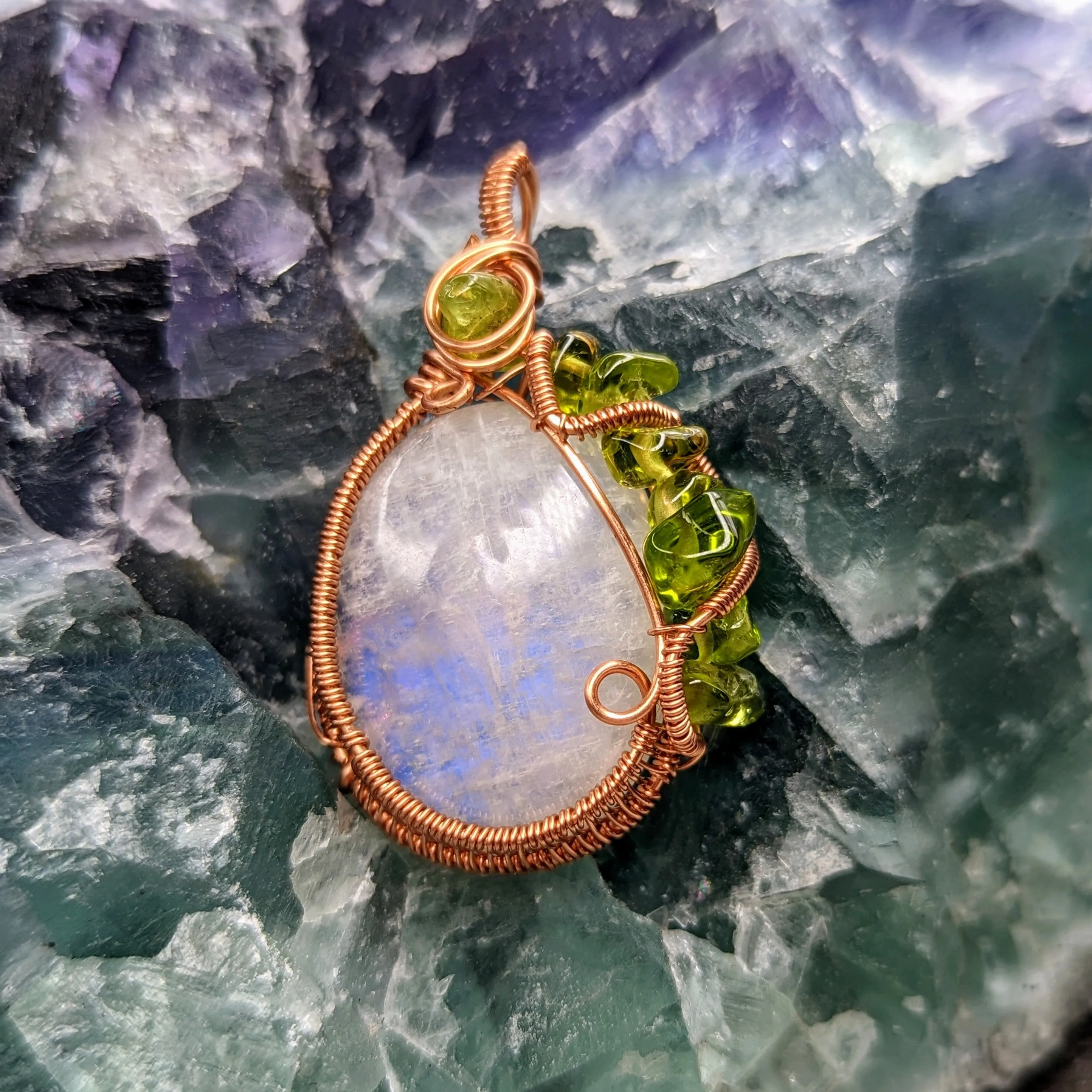 Moonstone with Peridot Accents~ Hand Crafted Copper Wire Wrapped Pendant