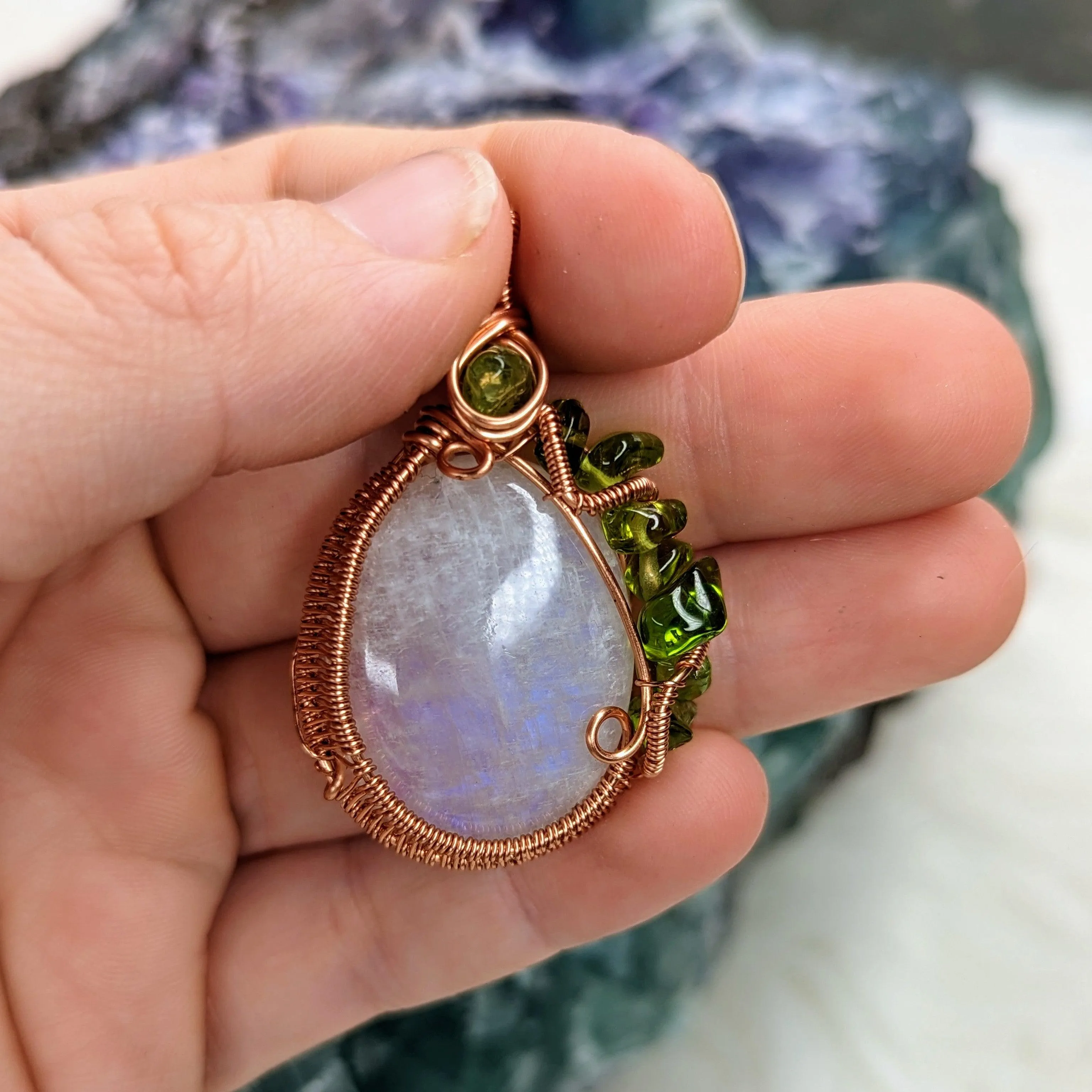 Moonstone with Peridot Accents~ Hand Crafted Copper Wire Wrapped Pendant