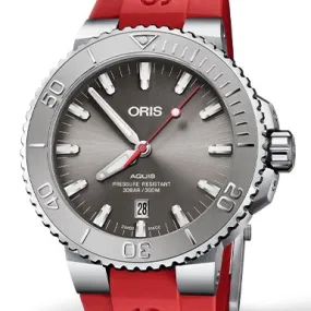 Oris 43.5MM Aquis Date Relief Grey Dial Red Rubber Watch