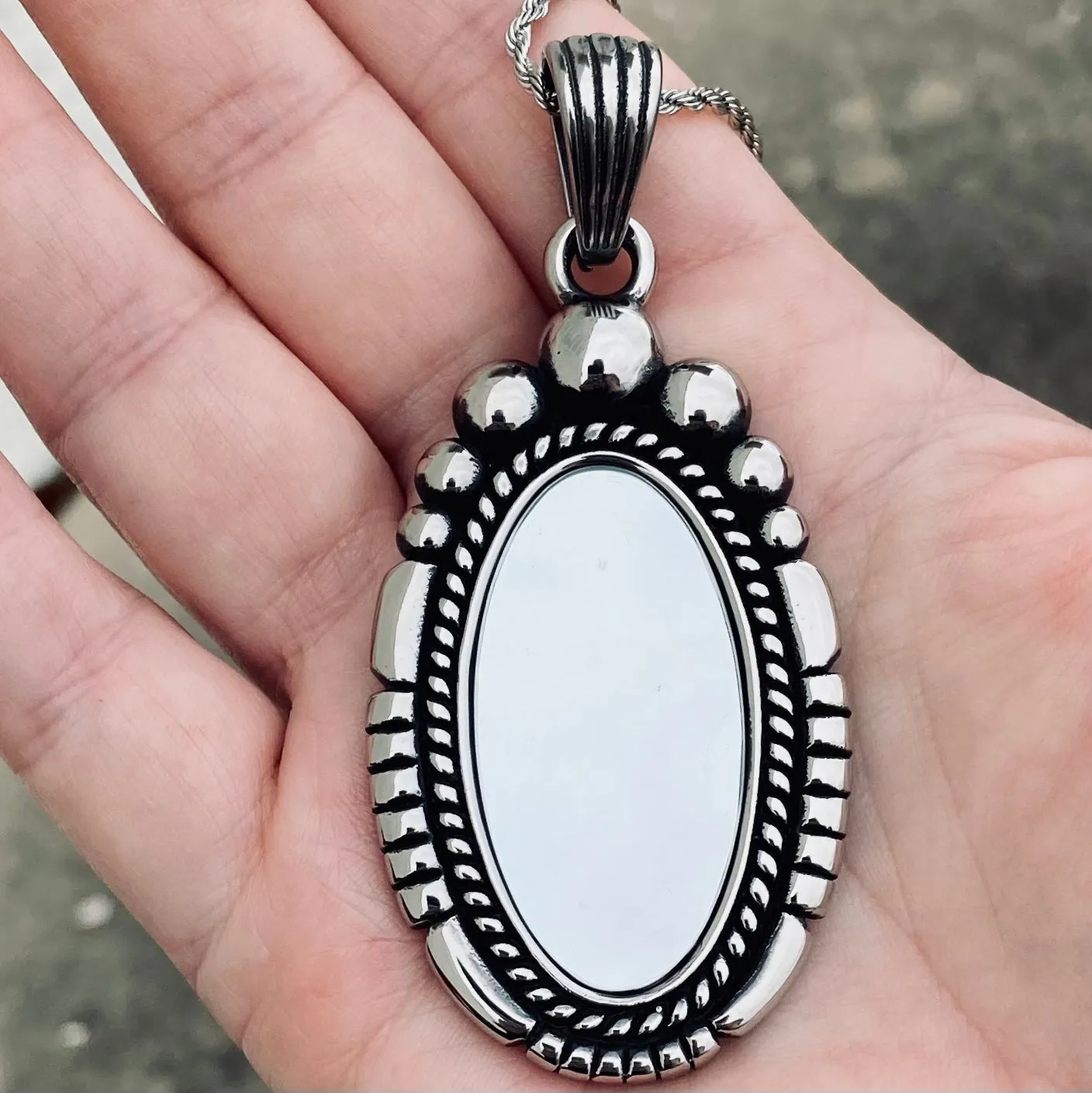 Oval - Mirror - The Looking Glass Pendant - Rope Necklace or Omega - SK2611