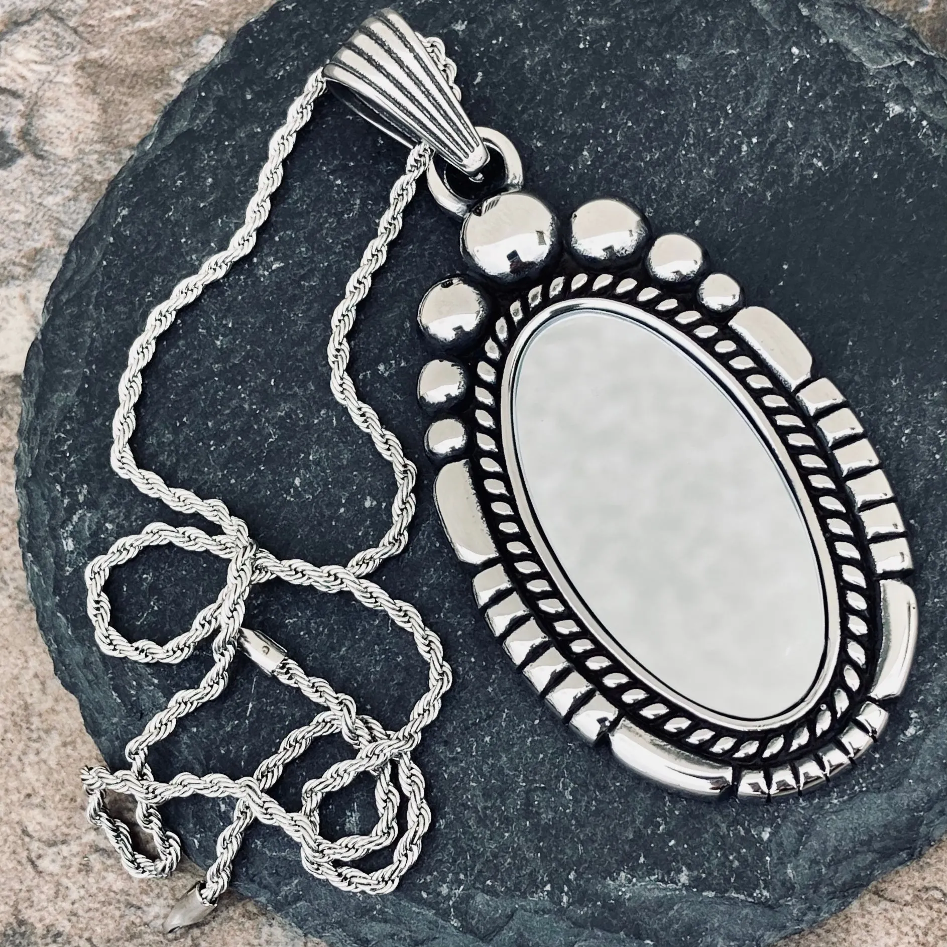 Oval - Mirror - The Looking Glass Pendant - Rope Necklace or Omega - SK2611