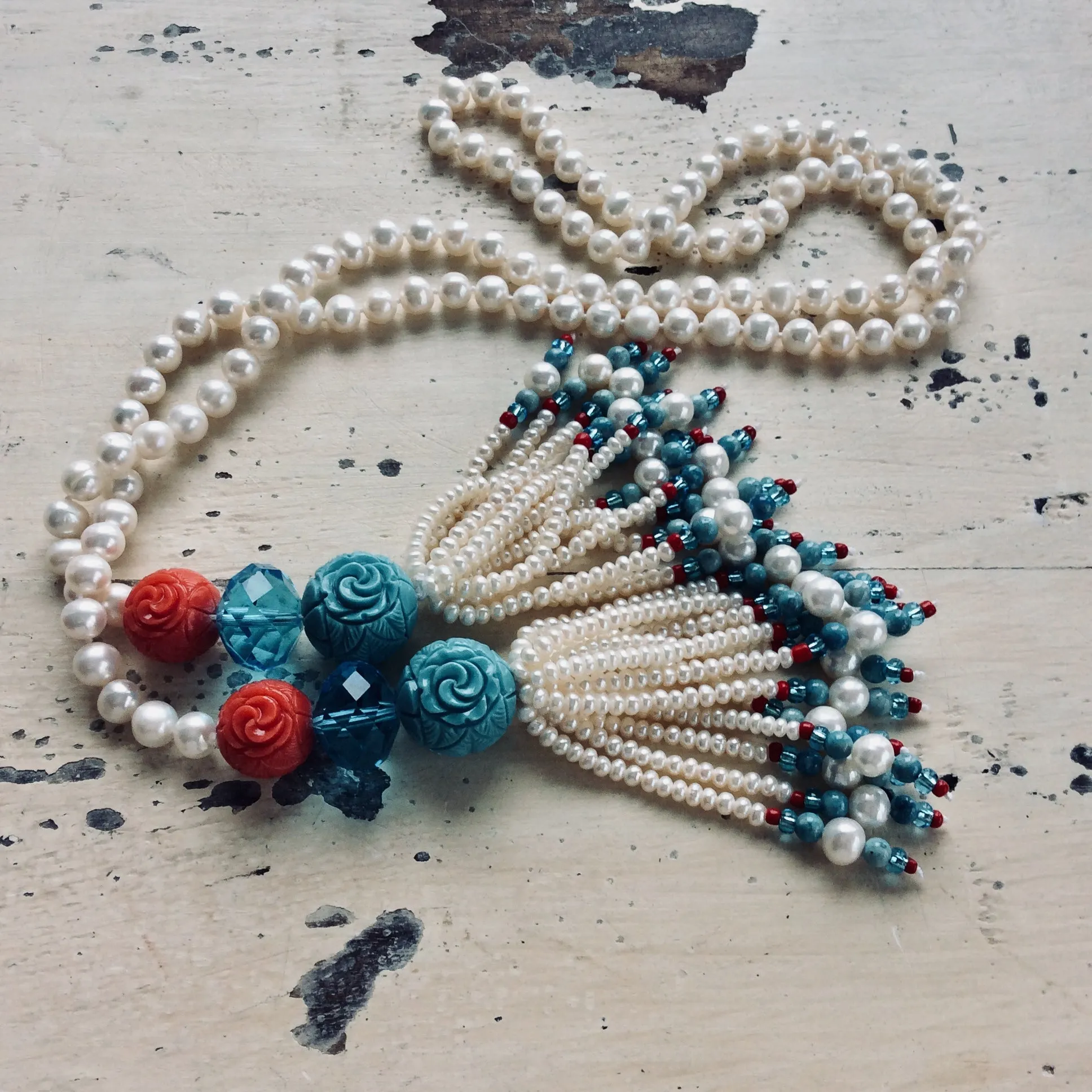 Pearl Lariat Necklace w Coral & Turquoise