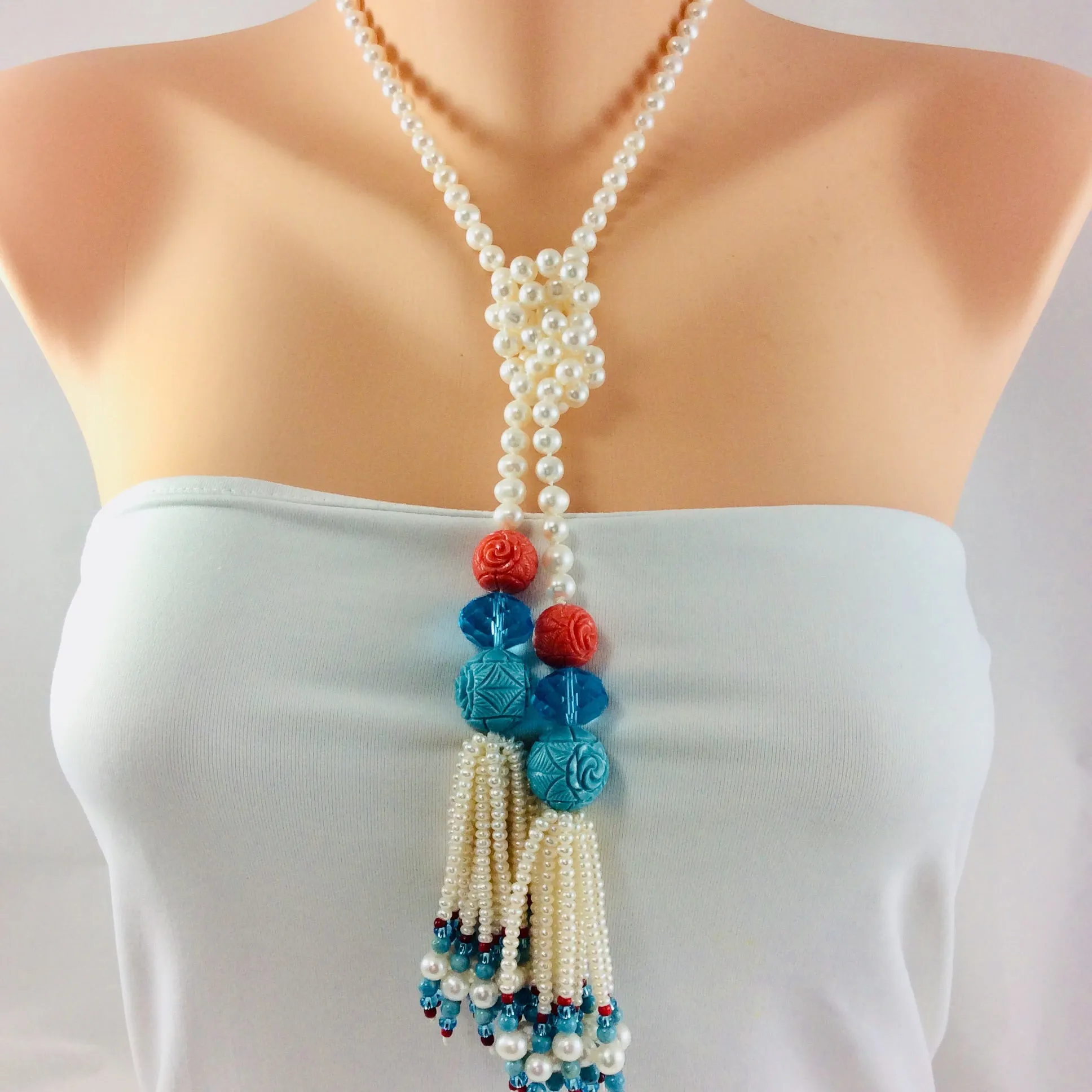 Pearl Lariat Necklace w Coral & Turquoise