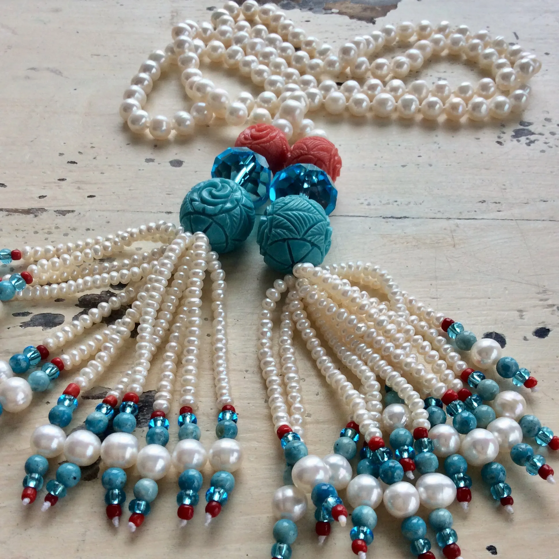 Pearl Lariat Necklace w Coral & Turquoise