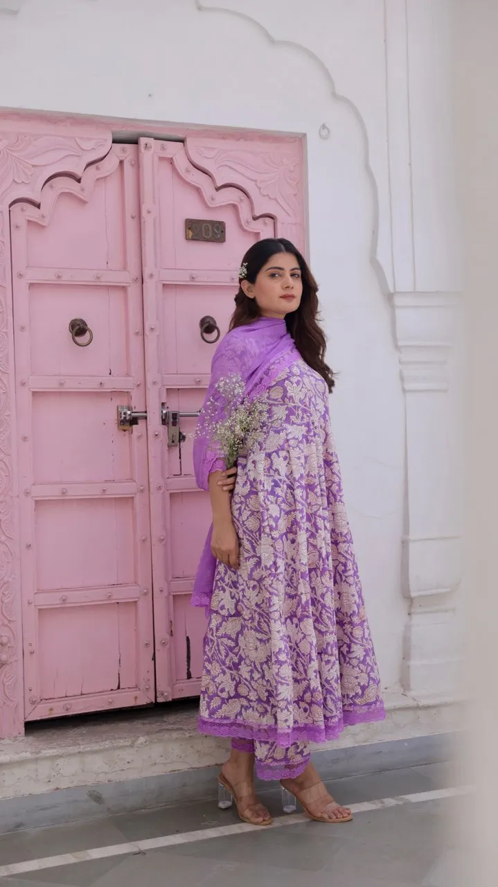 Purple Jaal Handblock Cotton Anarkali With Doriya Dupatta