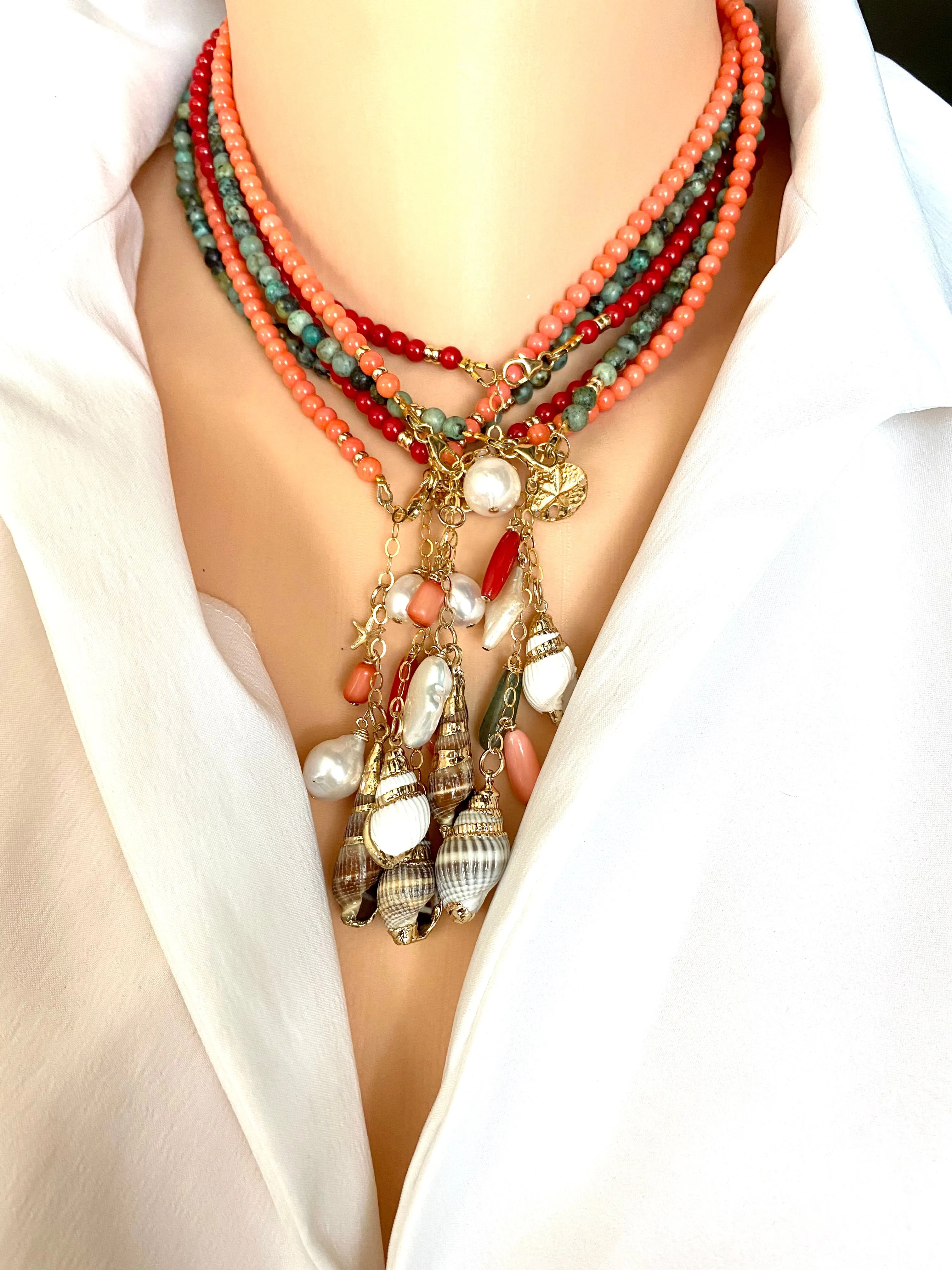 Red Coral Necklace with a tiny sea shell and Pearl Pendant