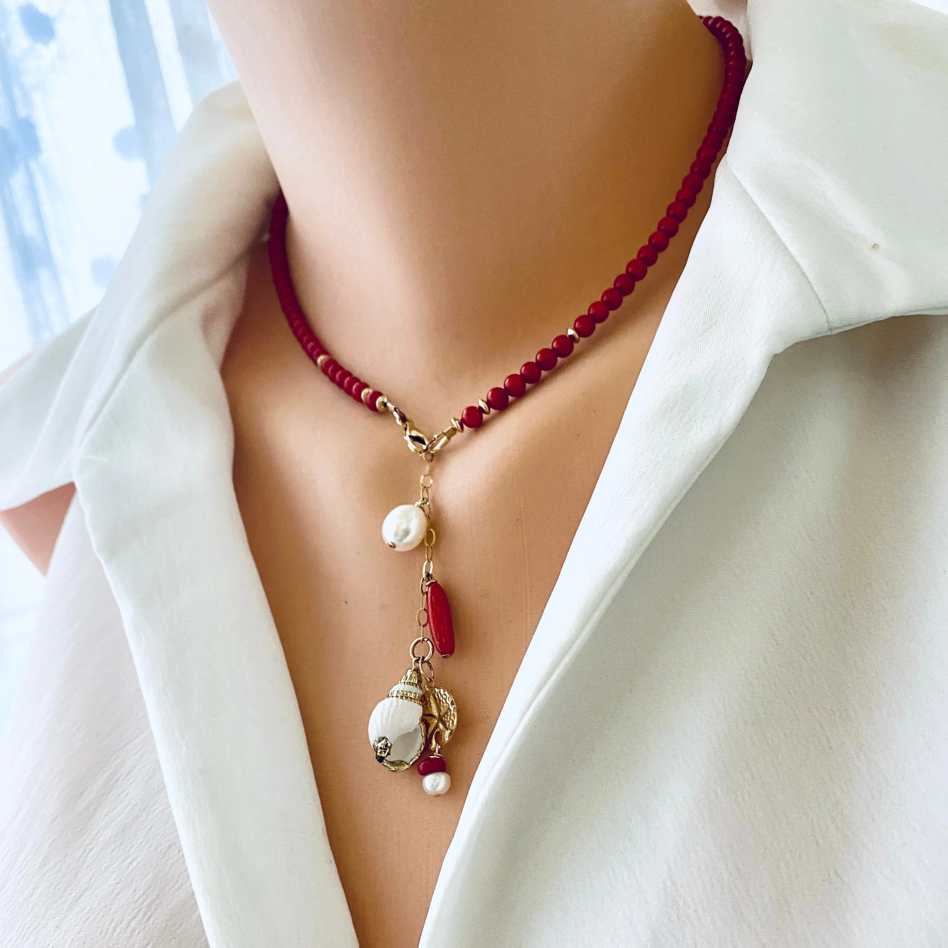 Red Coral Necklace with a tiny sea shell and Pearl Pendant